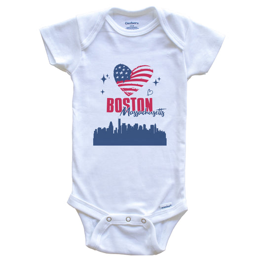 Boston Massachusetts Skyline American Flag Heart 4th of July Baby Bodysuit