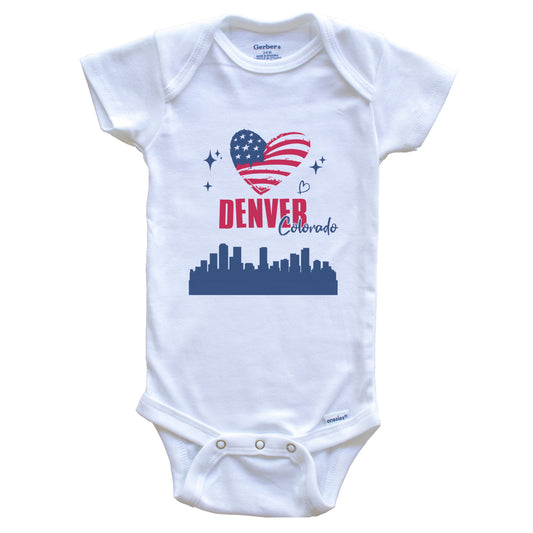 Denver Colorado Skyline American Flag Heart 4th of July Baby Bodysuit