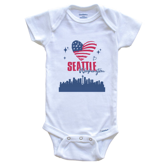 Seattle Washington Skyline American Flag Heart 4th of July Baby Bodysuit