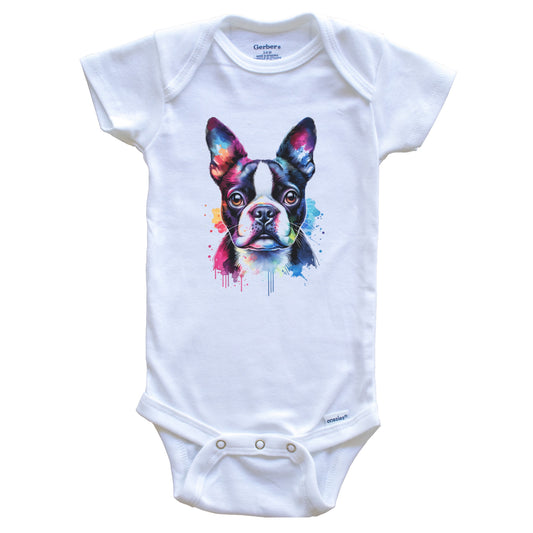 Boston Terrier Rainbow Watercolor Portrait Dog Lover Baby Bodysuit - Boston Terrier Baby Gift