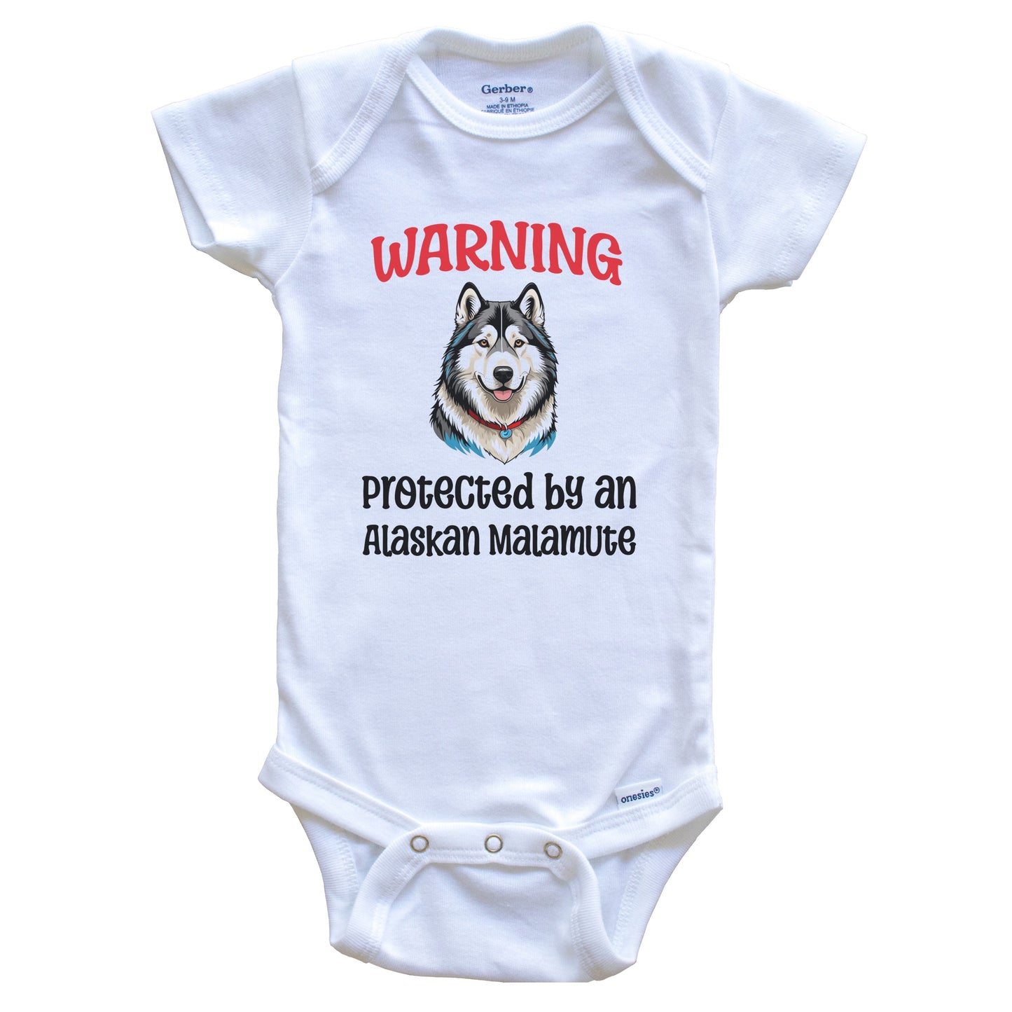 Warning Protected By An Alaskan Malamute Funny Dog Breed Baby Bodysuit