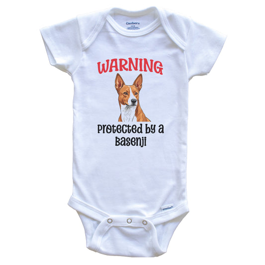 Warning Protected By A Basenji Funny Dog Breed Baby Bodysuit