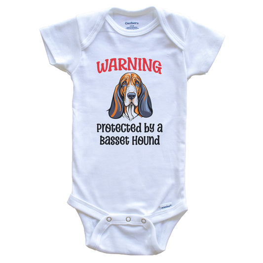 Warning Protected By A Basset Hound Funny Dog Breed Baby Bodysuit