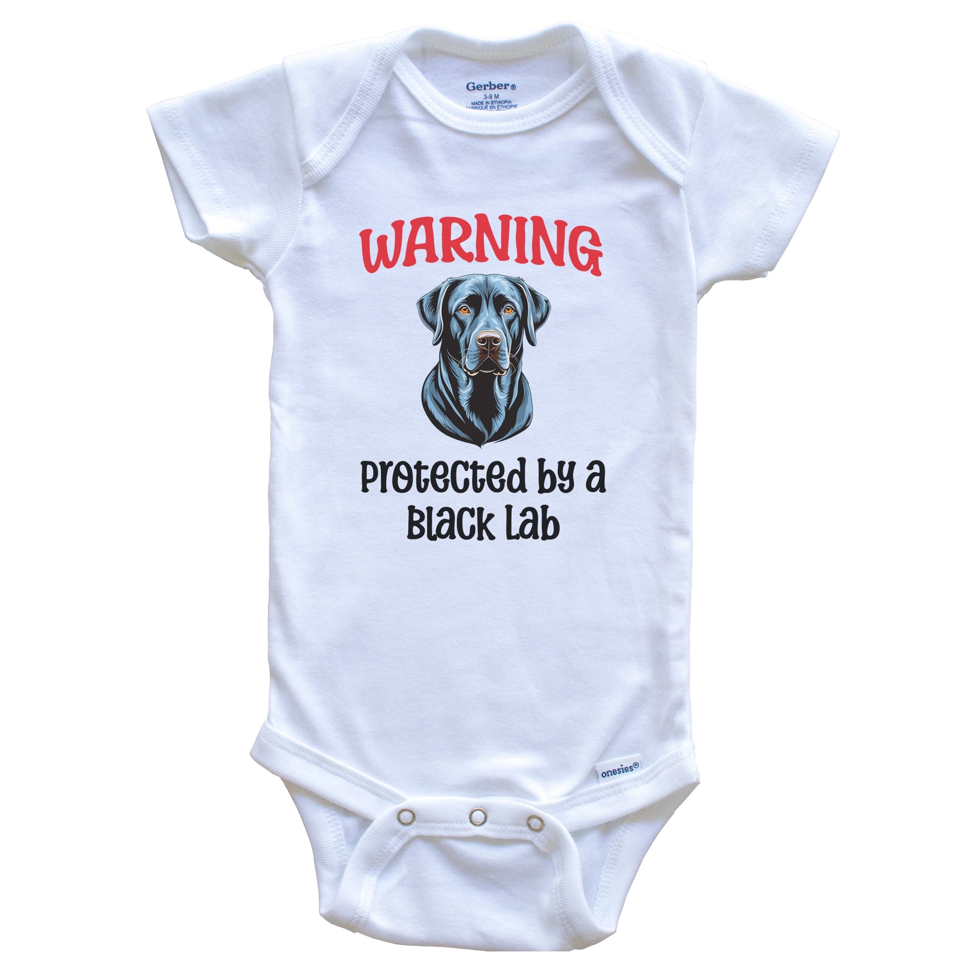 Warning Protected By A Black Lab Funny Dog Breed Baby Bodysuit