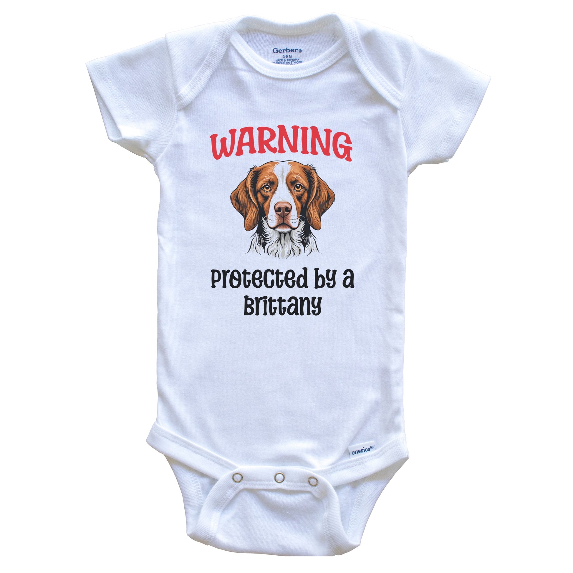 Warning Protected By A Brittany Funny Dog Breed Baby Bodysuit