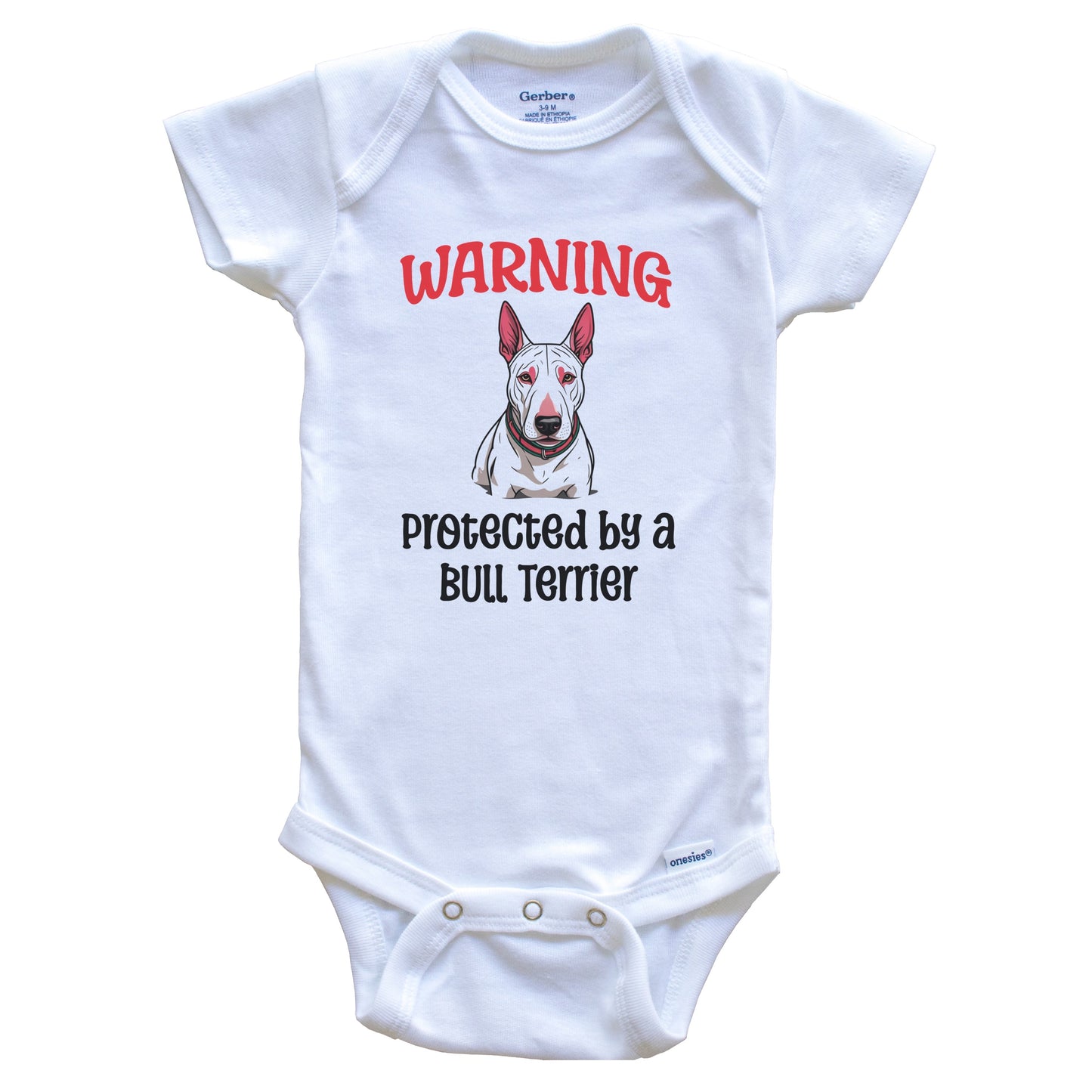 Warning Protected By A Bull Terrier Funny Dog Breed Baby Bodysuit