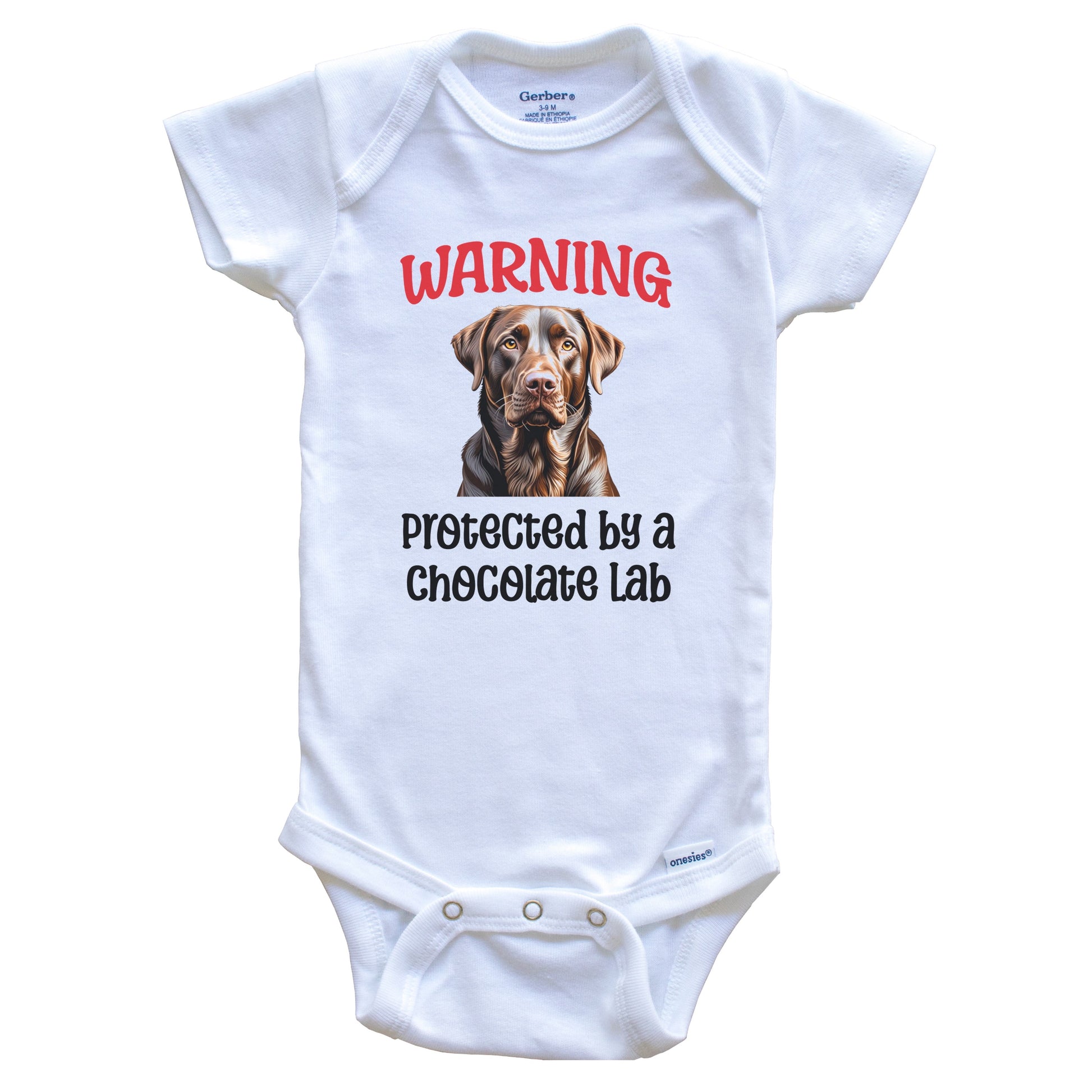 Warning Protected By A Chocolate Lab Funny Dog Breed Baby Bodysuit