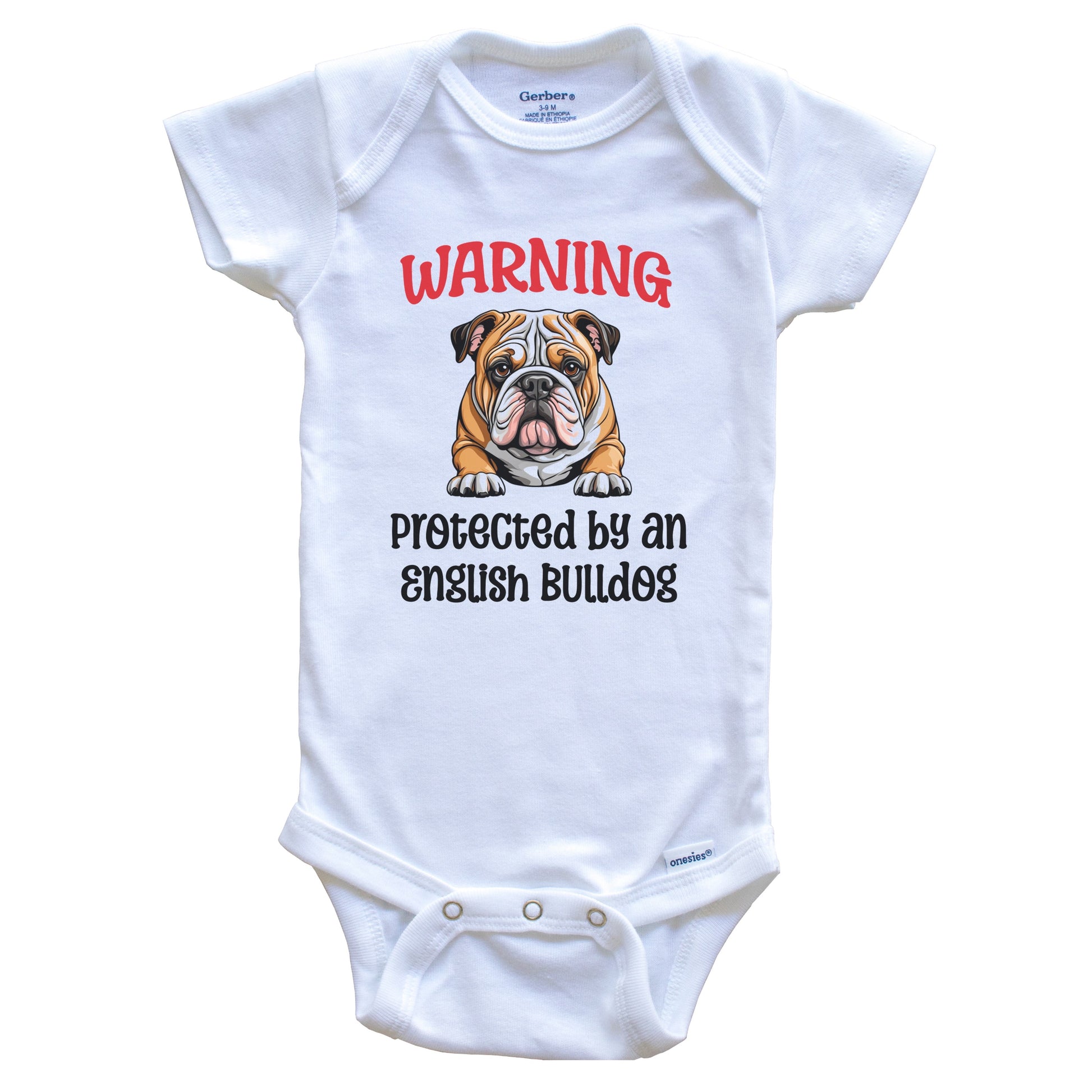 Warning Protected By An English Bulldog Funny Dog Breed Baby Bodysuit