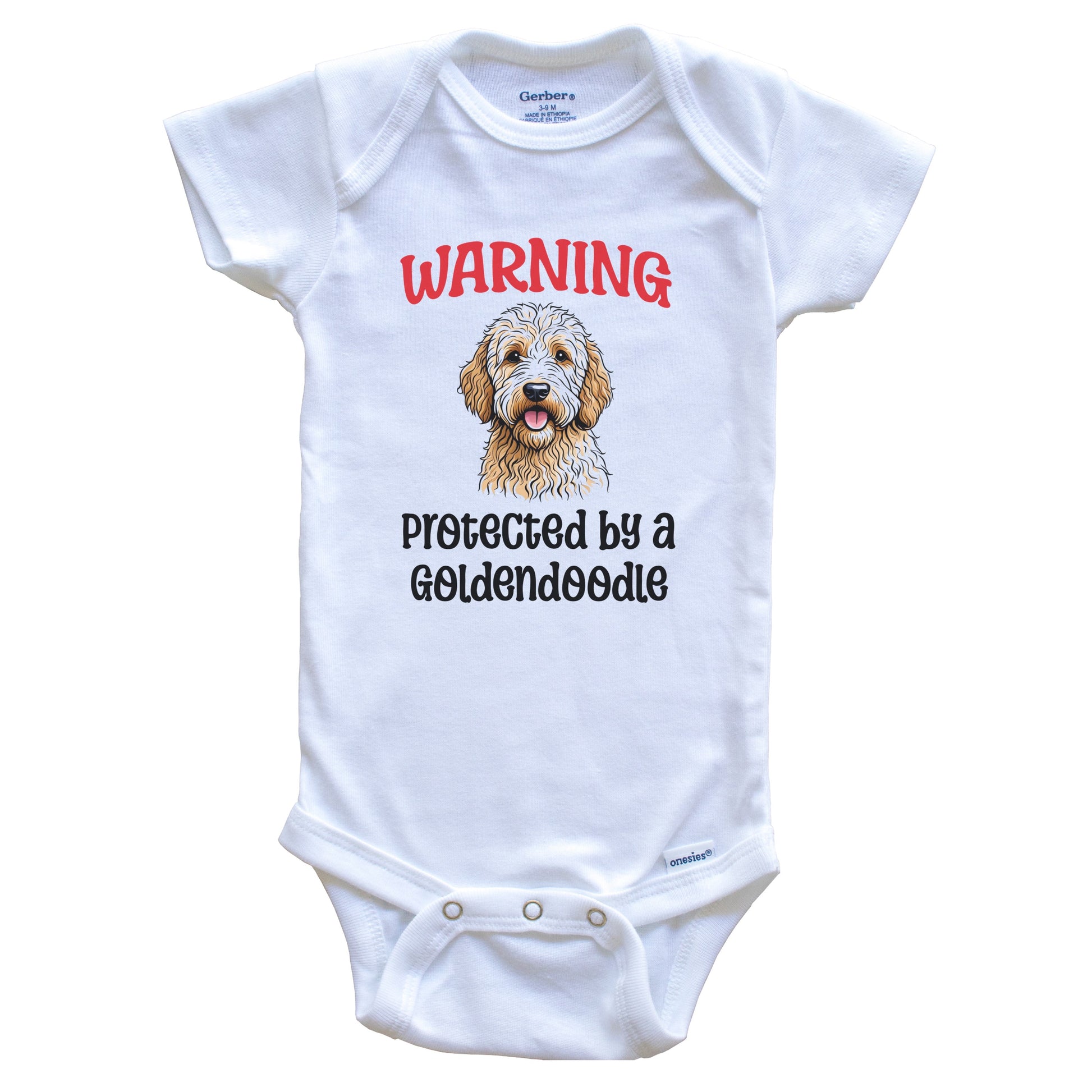 Warning Protected By A Goldendoodle Funny Dog Breed Baby Bodysuit