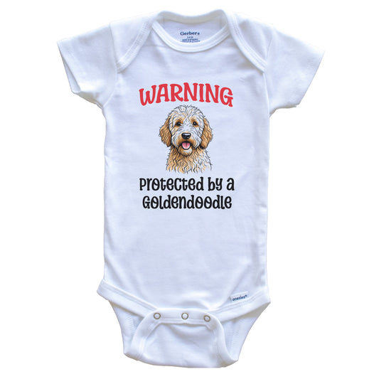 Warning Protected By A Goldendoodle Funny Dog Breed Baby Bodysuit