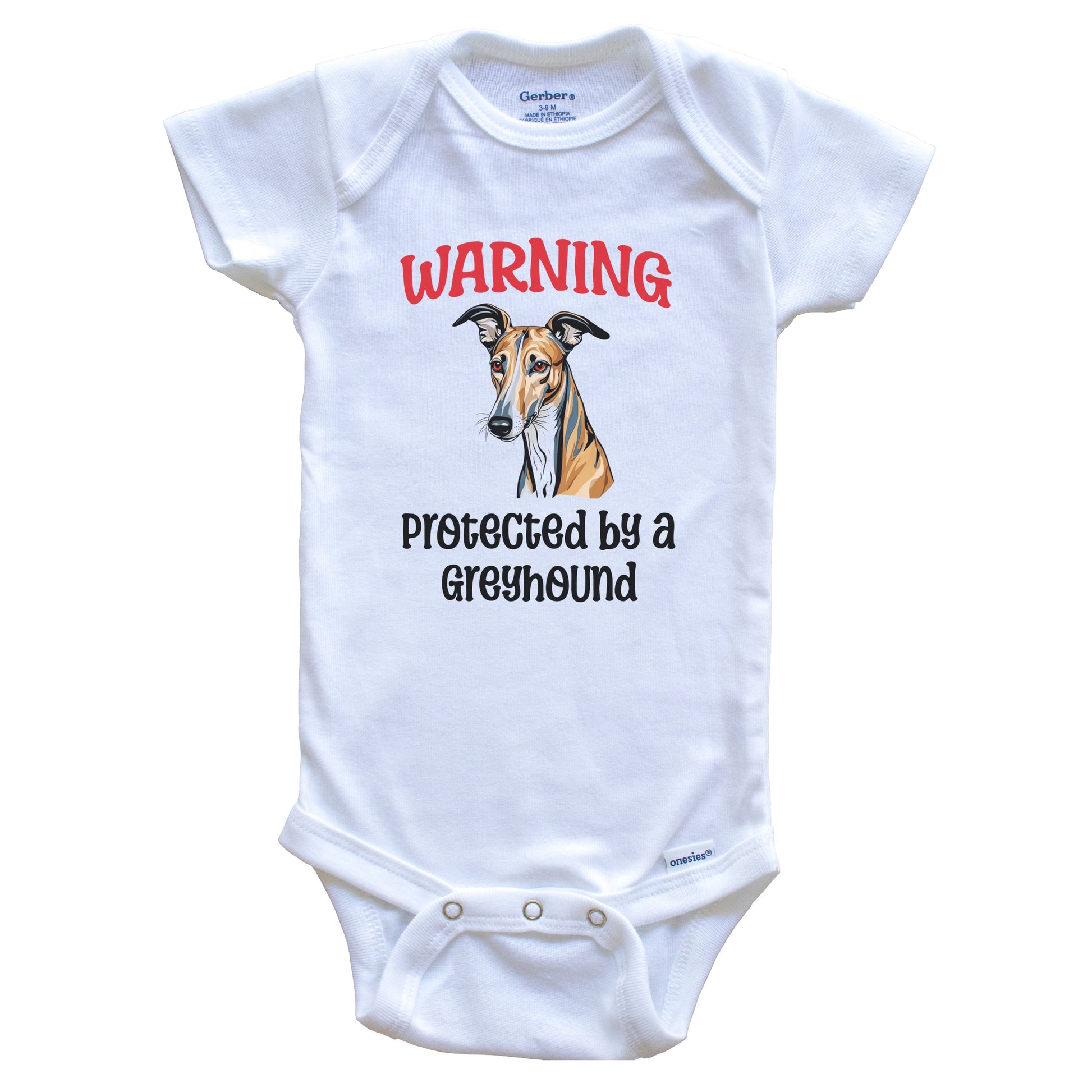 Warning Protected By A Greyhound Funny Dog Breed Baby Bodysuit