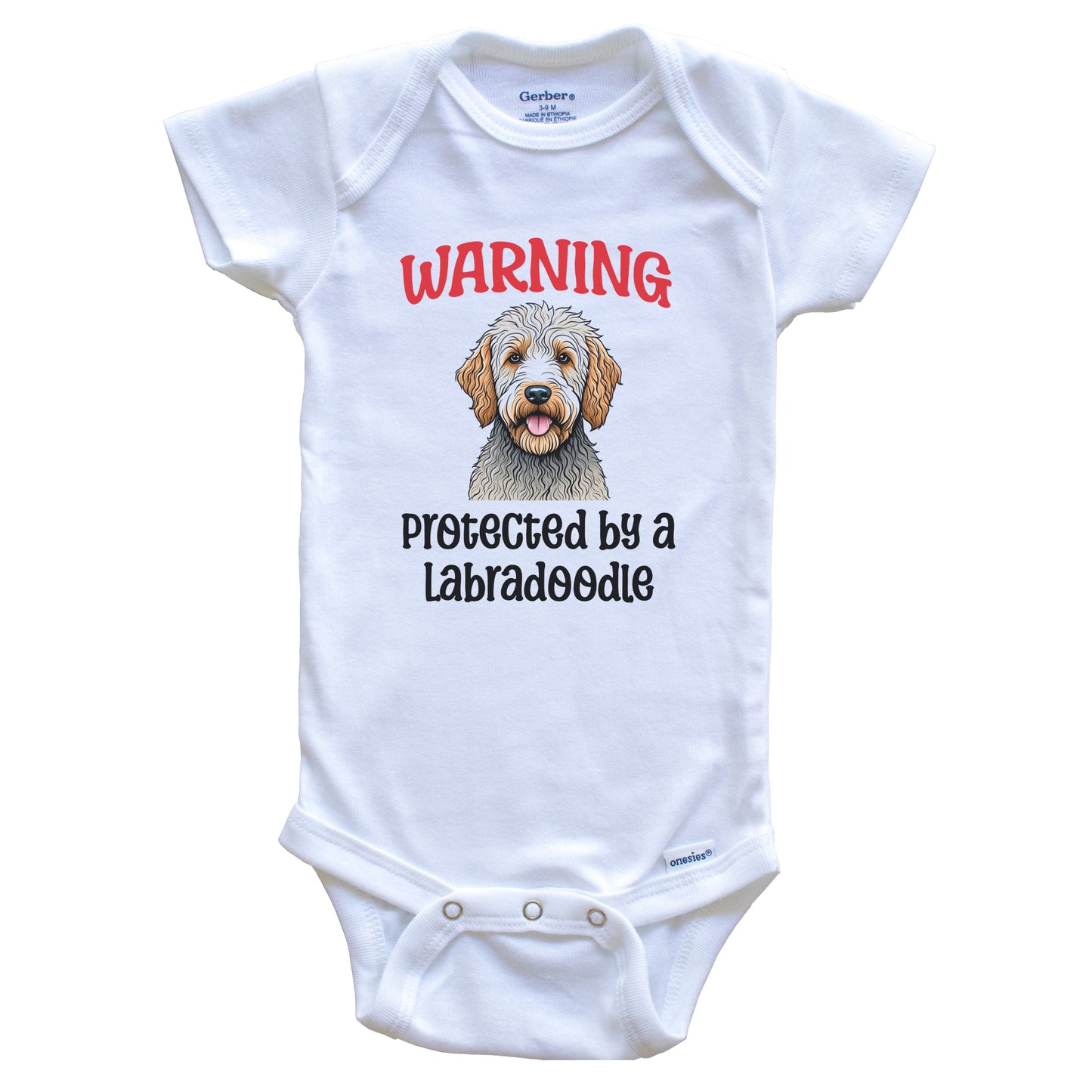 Warning Protected By A Labradoodle Funny Dog Breed Baby Bodysuit