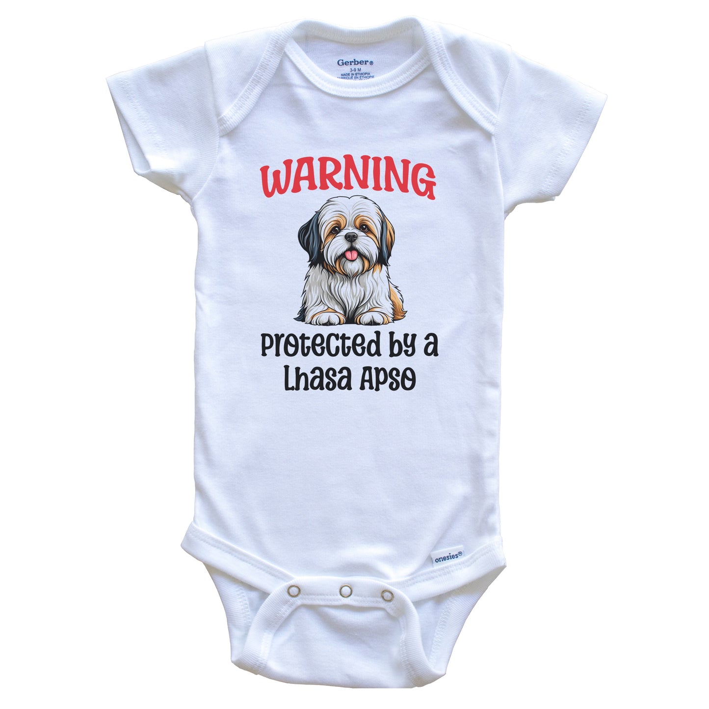 Warning Protected By A Lhasa Apso Funny Dog Breed Baby Bodysuit