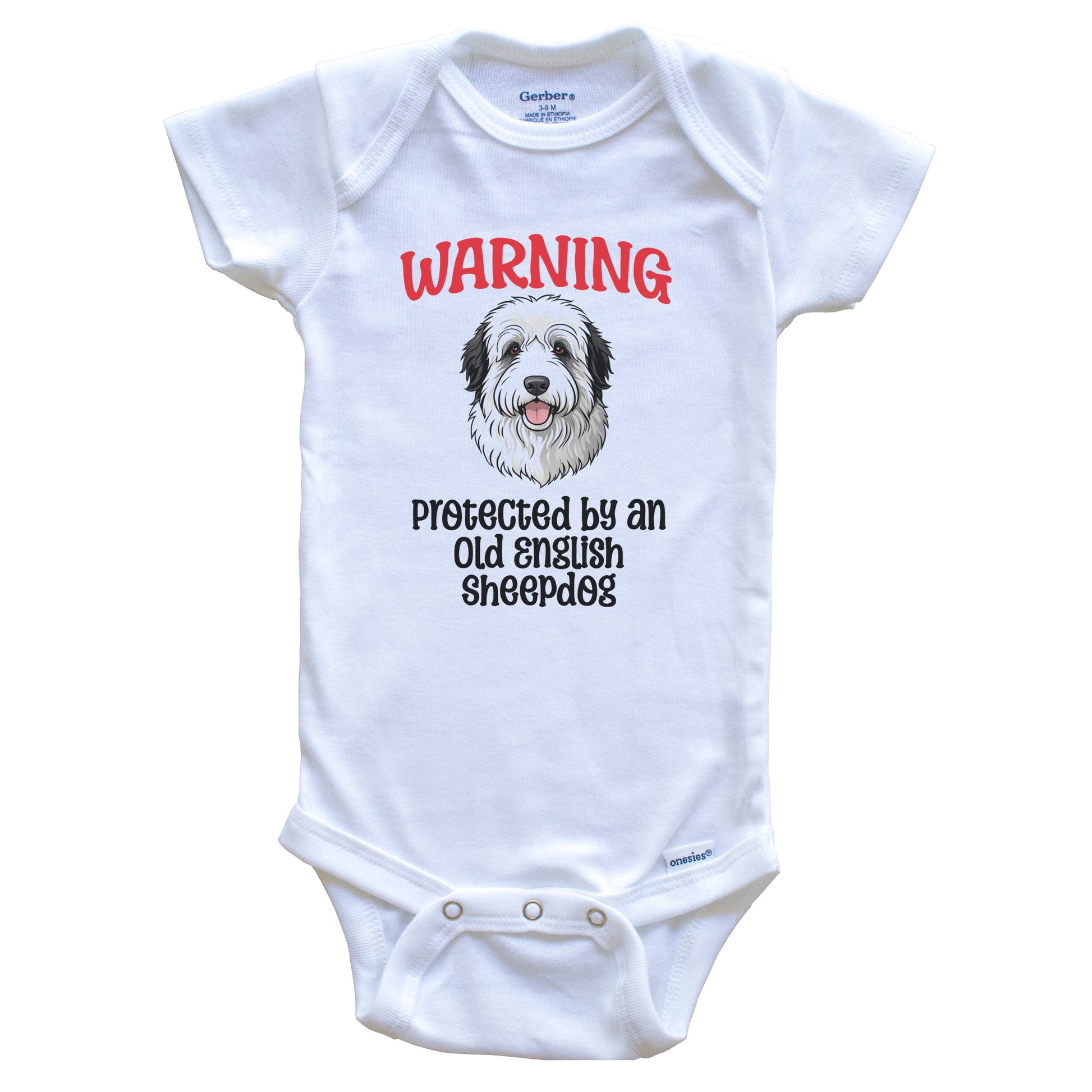 Warning Protected By An Old English Sheepdog Funny Dog Breed Baby Bodysuit