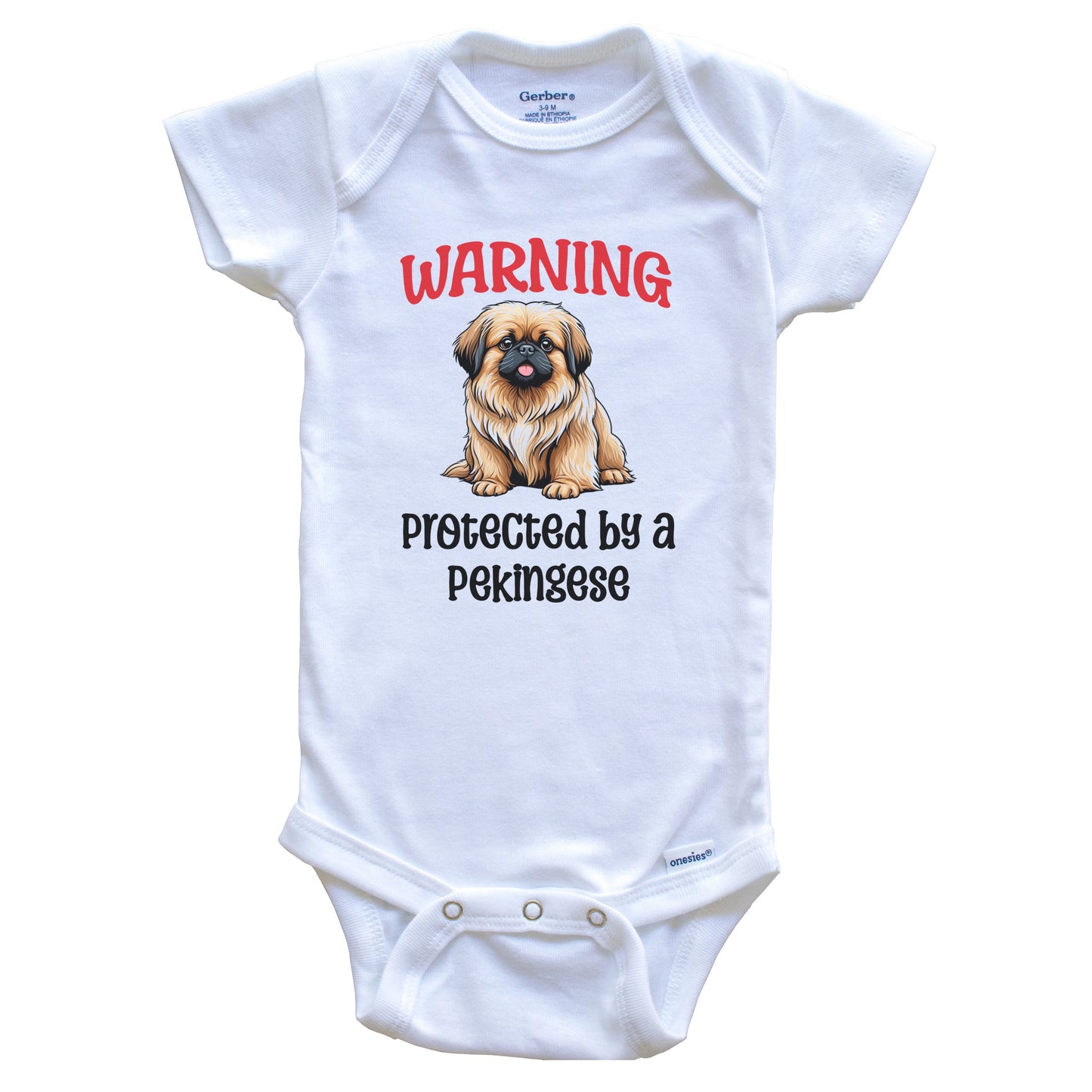 Warning Protected By A Pekingese Funny Dog Breed Baby Bodysuit