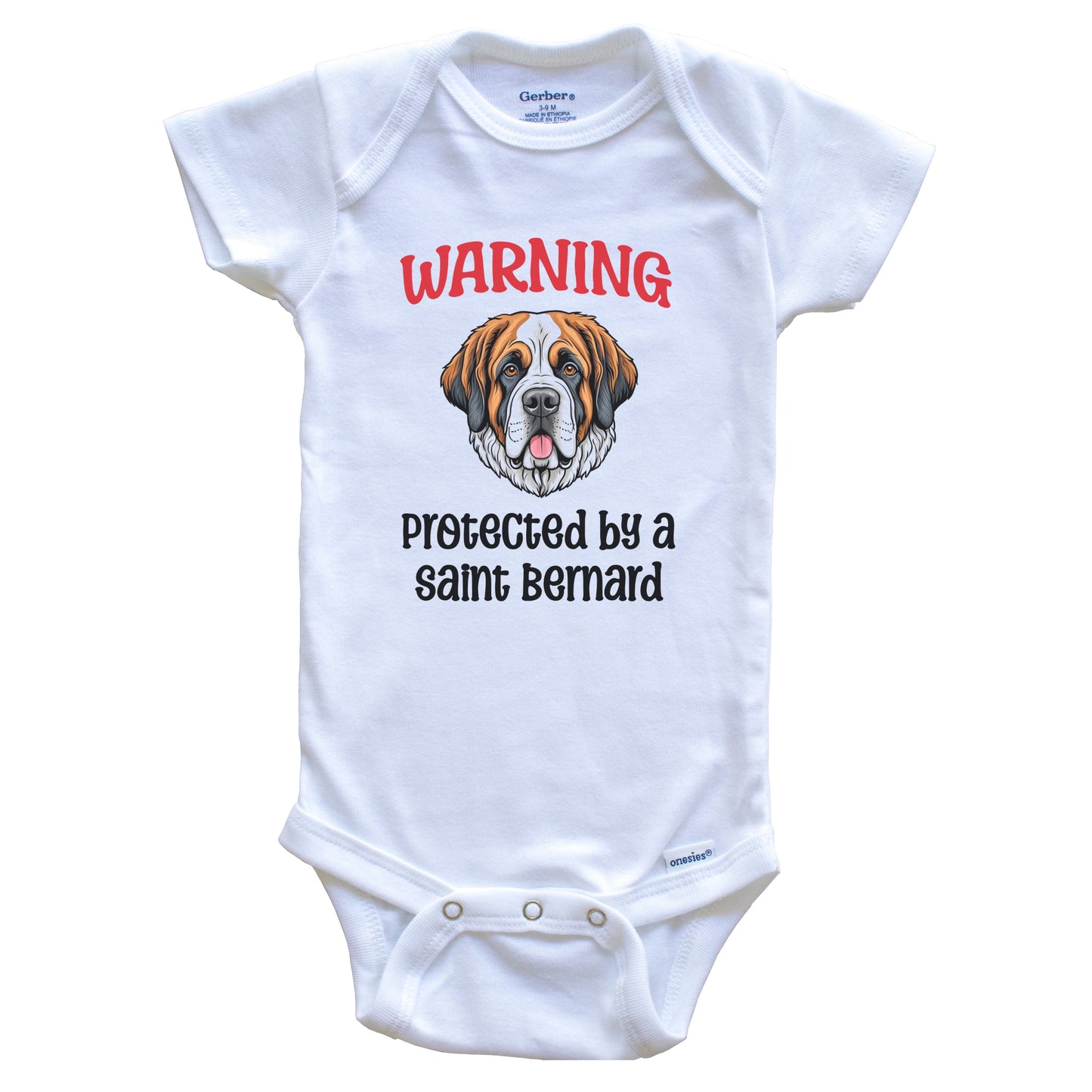 Warning Protected By A Saint Bernard Funny Dog Breed Baby Bodysuit