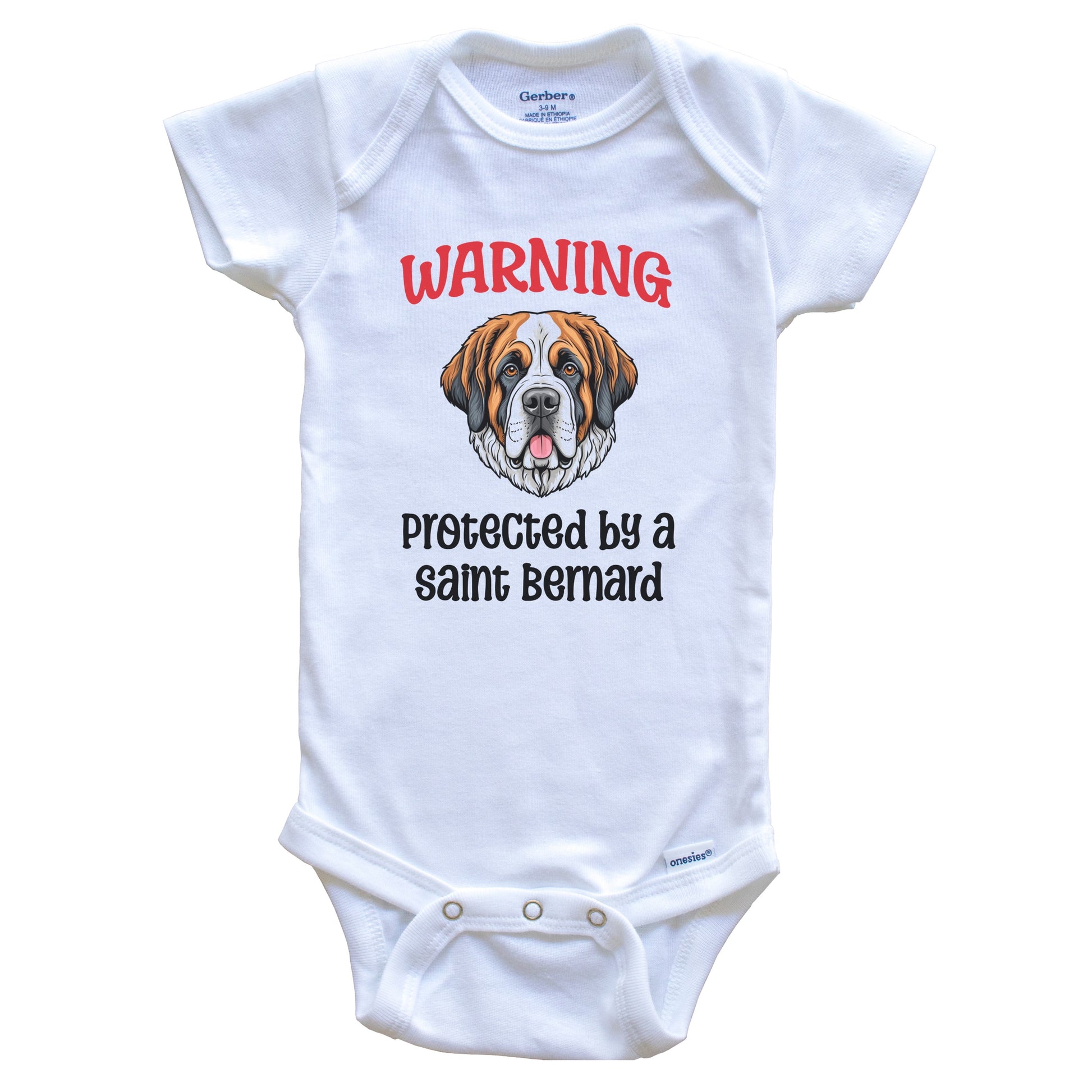 Warning Protected By A Saint Bernard Funny Dog Breed Baby Bodysuit