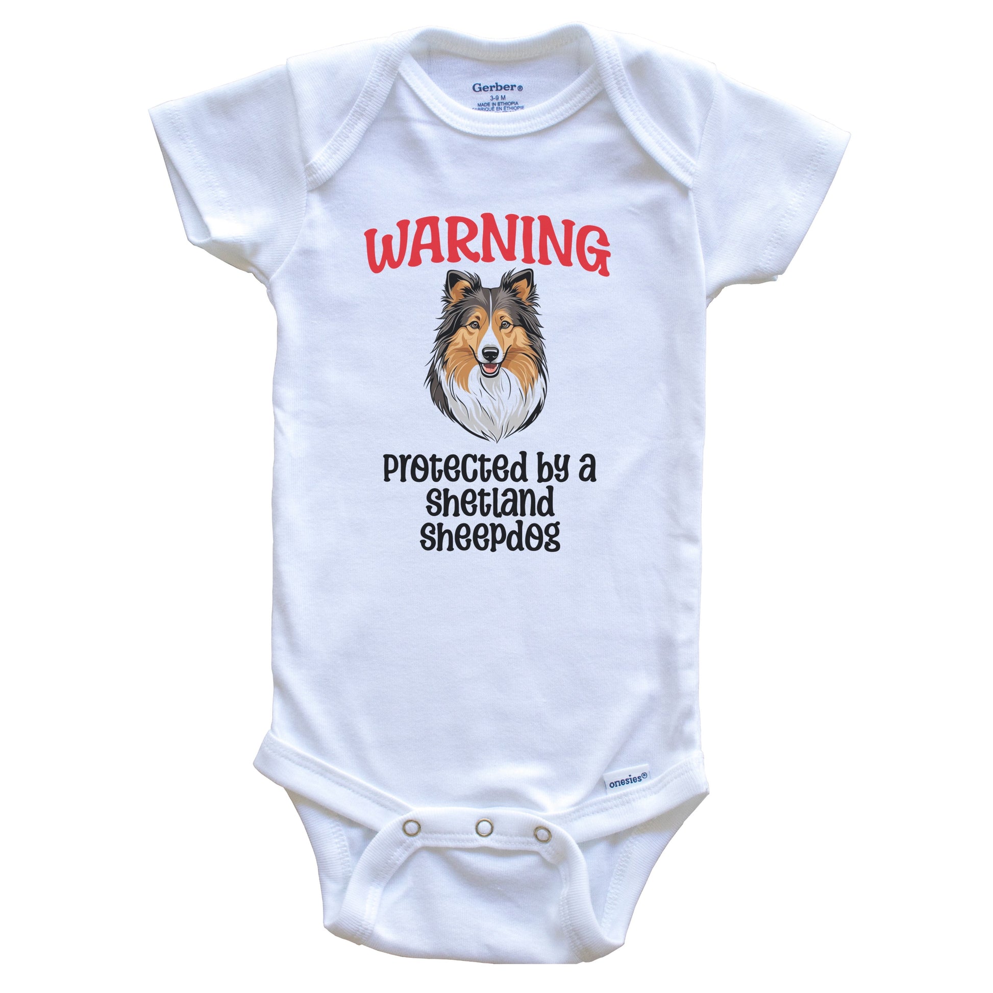 Warning Protected By A Shetland Sheepdog Funny Dog Breed Baby Bodysuit