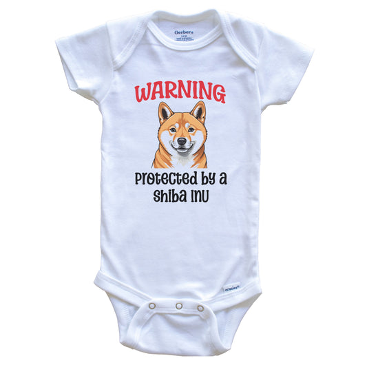 Warning Protected By A Shiba Inu Funny Dog Breed Baby Bodysuit