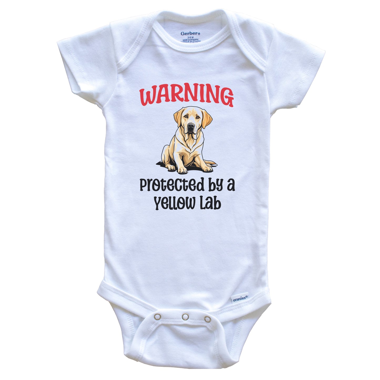 Warning Protected By A Yellow Lab Funny Dog Breed Baby Bodysuit