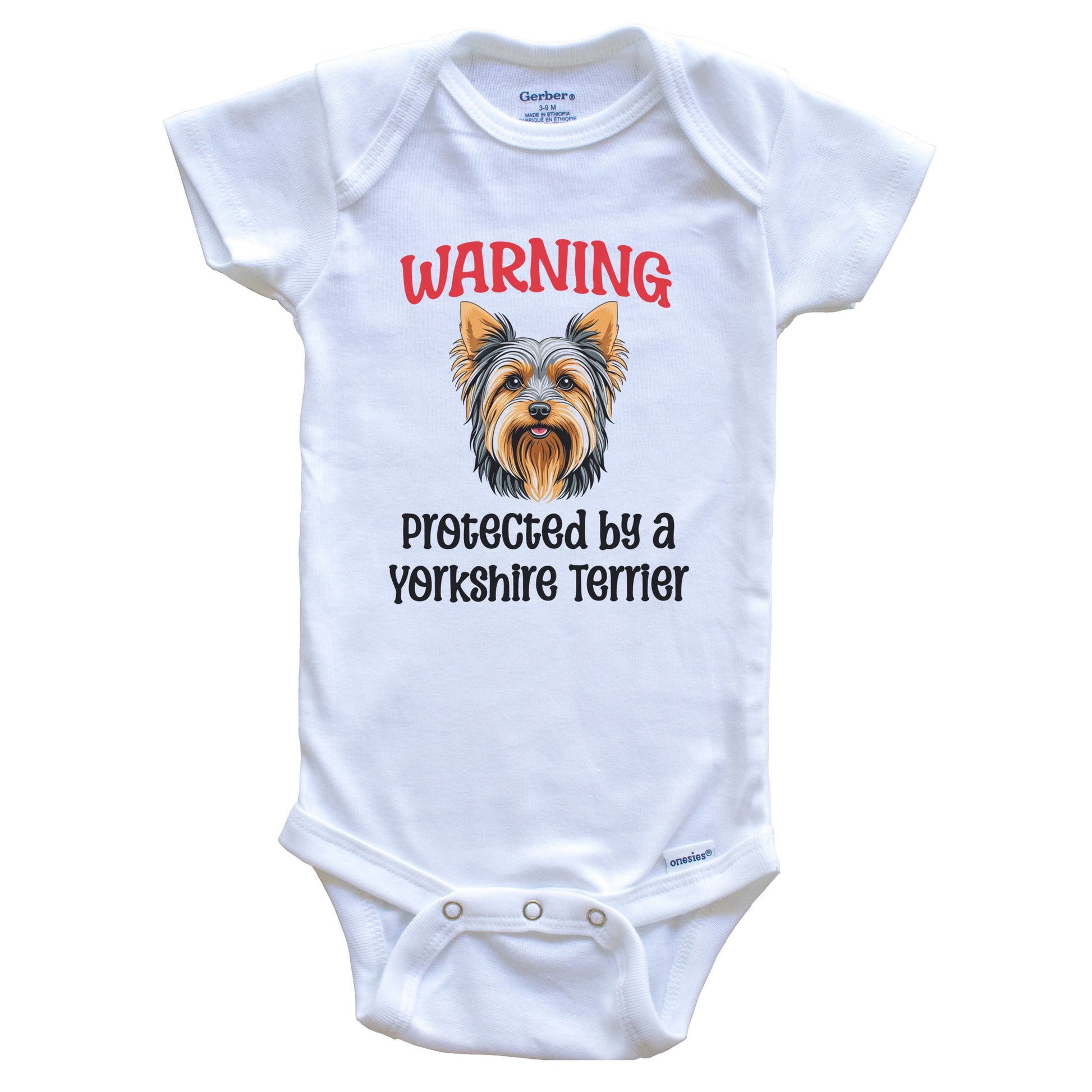 Warning Protected By A Yorkshire Terrier Funny Dog Breed Baby Bodysuit