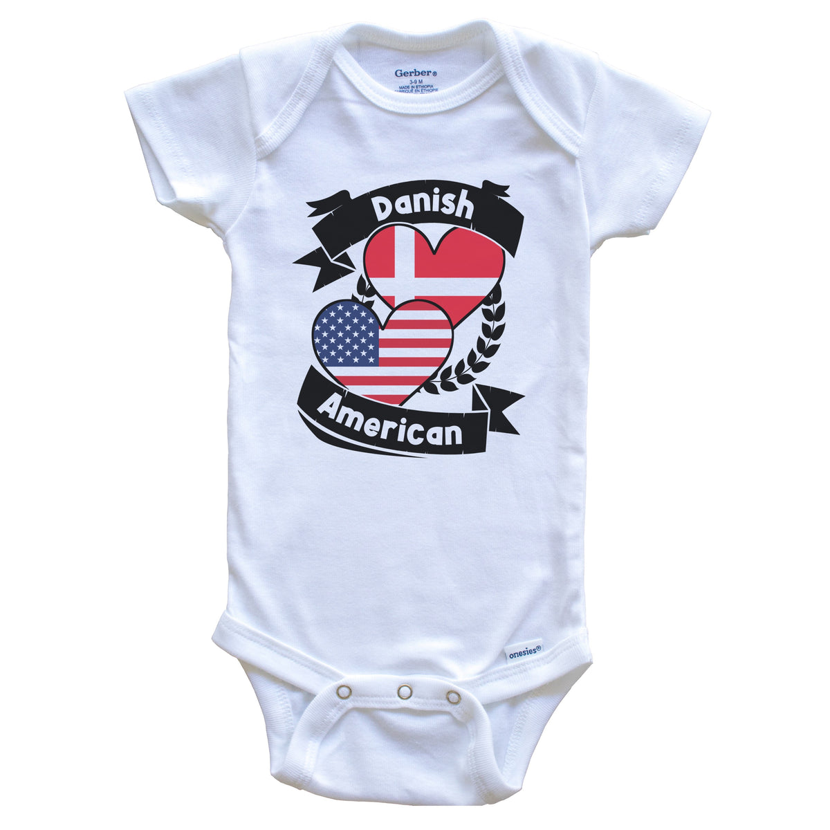 Danish American Hearts USA Flag Denmark Flag Baby Bodysuit