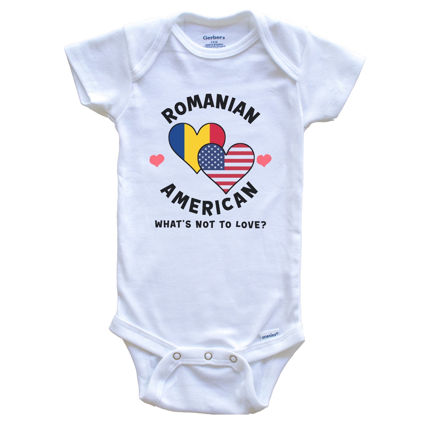 Romanian American What's Not To Love Heart Flags Baby Bodysuit