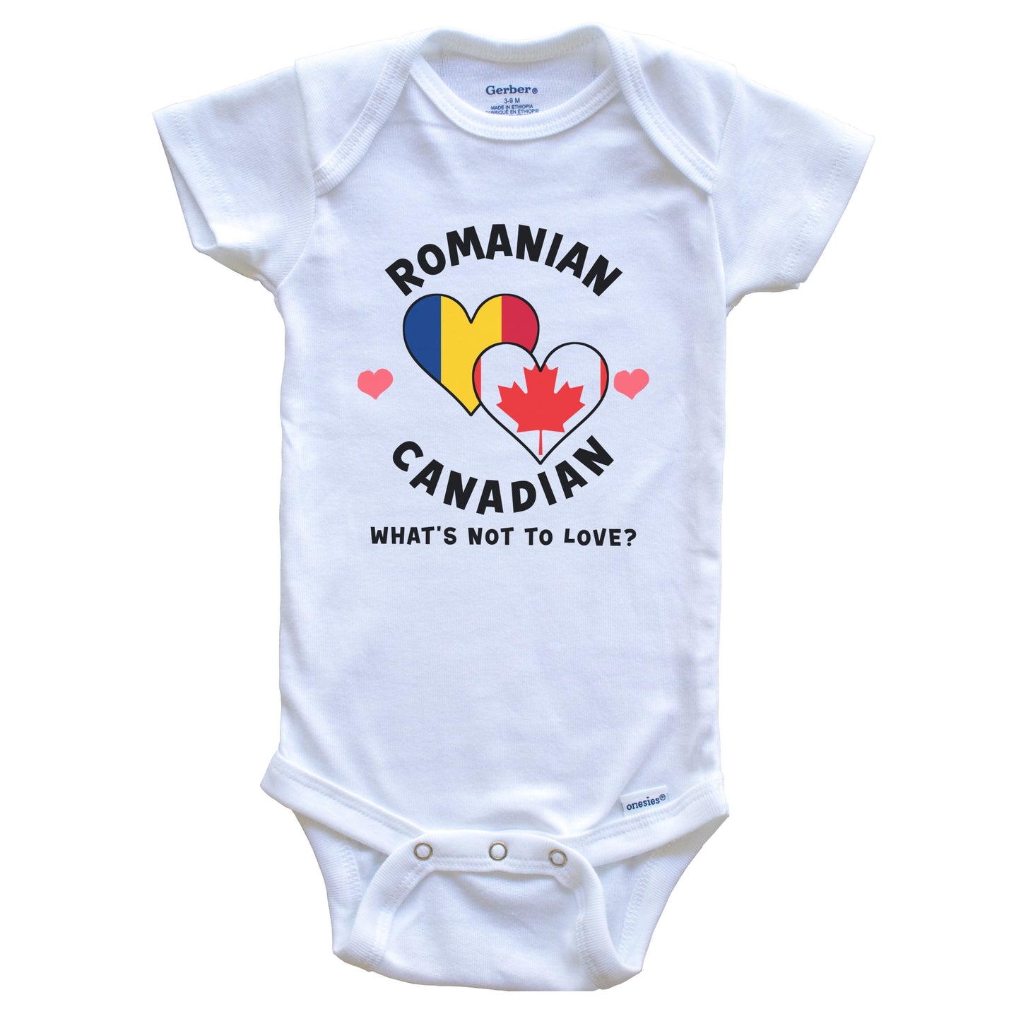 Romanian Canadian What's Not To Love Heart Flags Baby Bodysuit