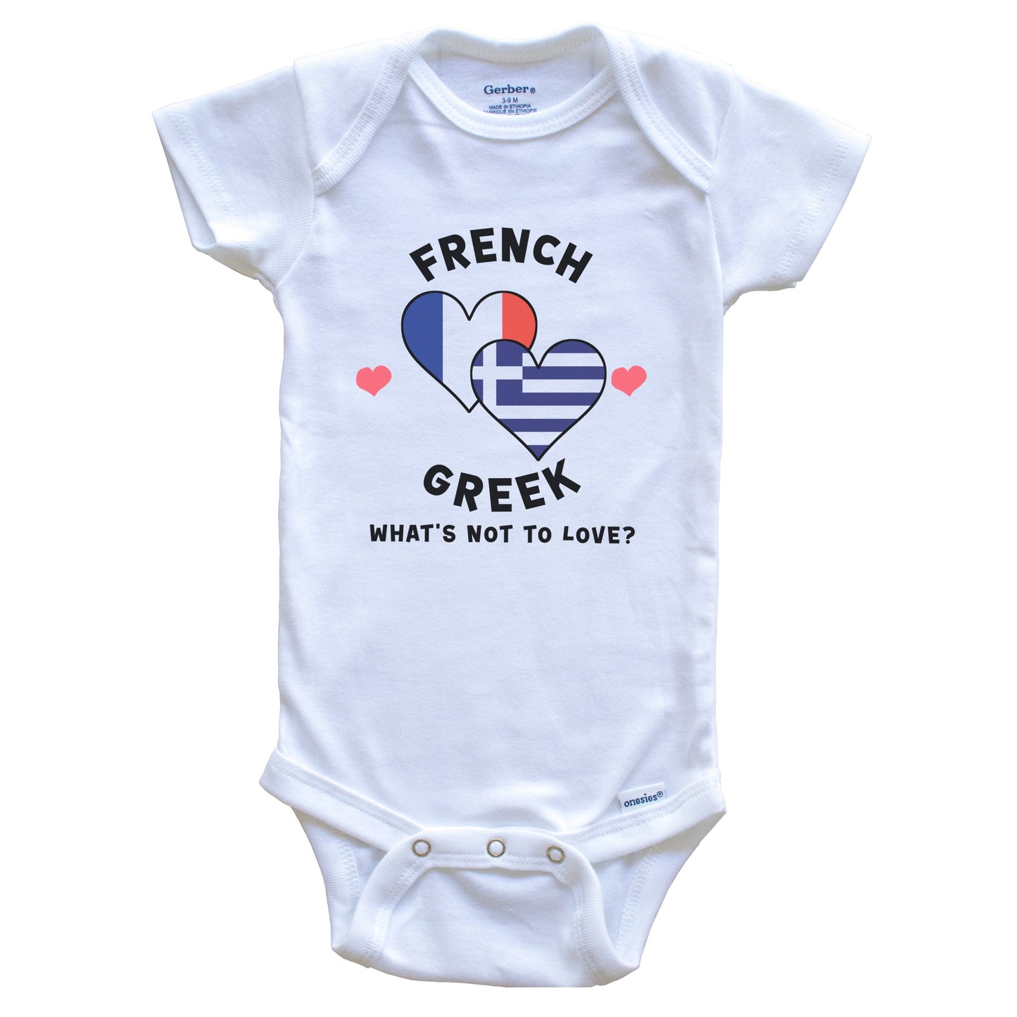 French Greek What's Not To Love Heart Flags Baby Bodysuit