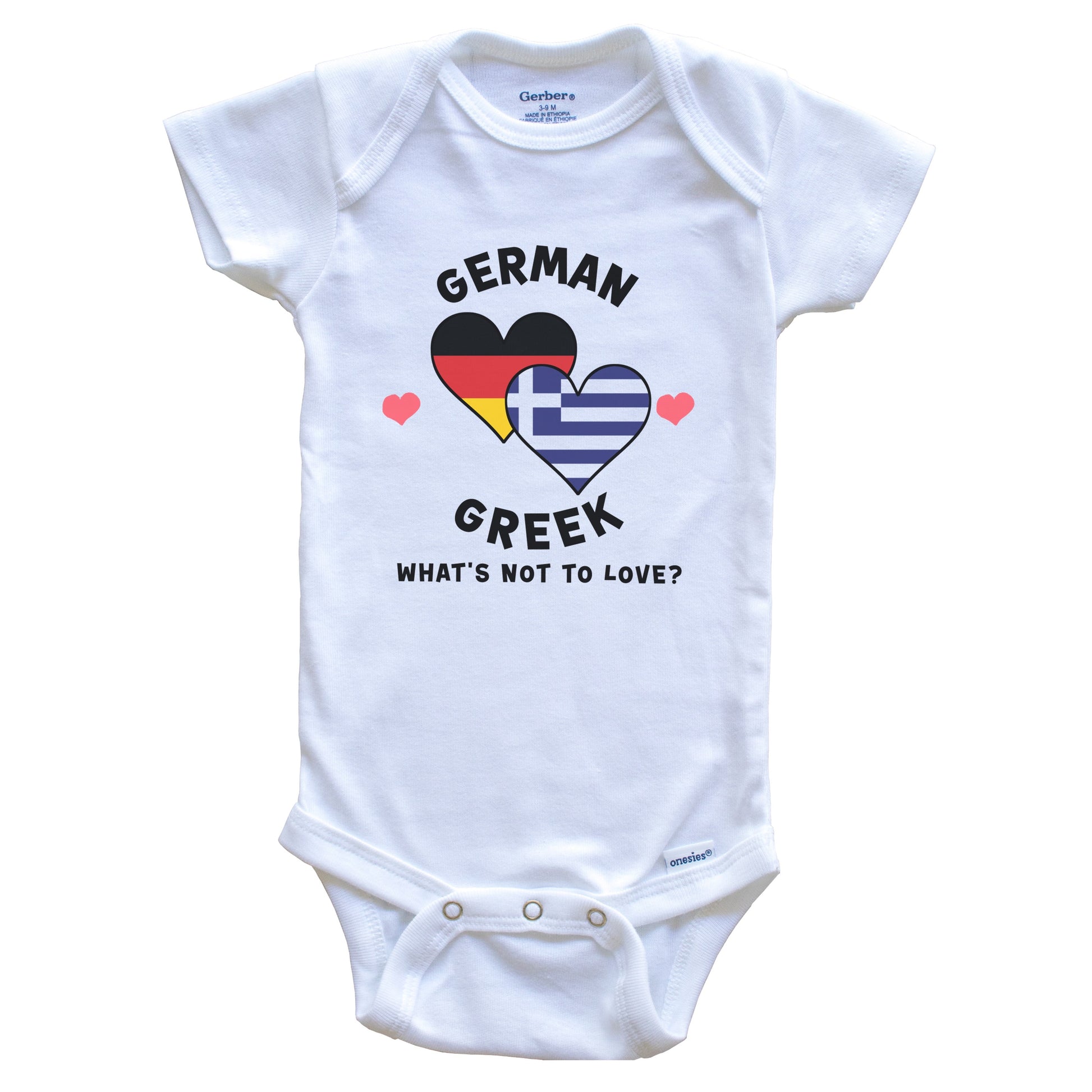 German Greek What's Not To Love Heart Flags Baby Bodysuit