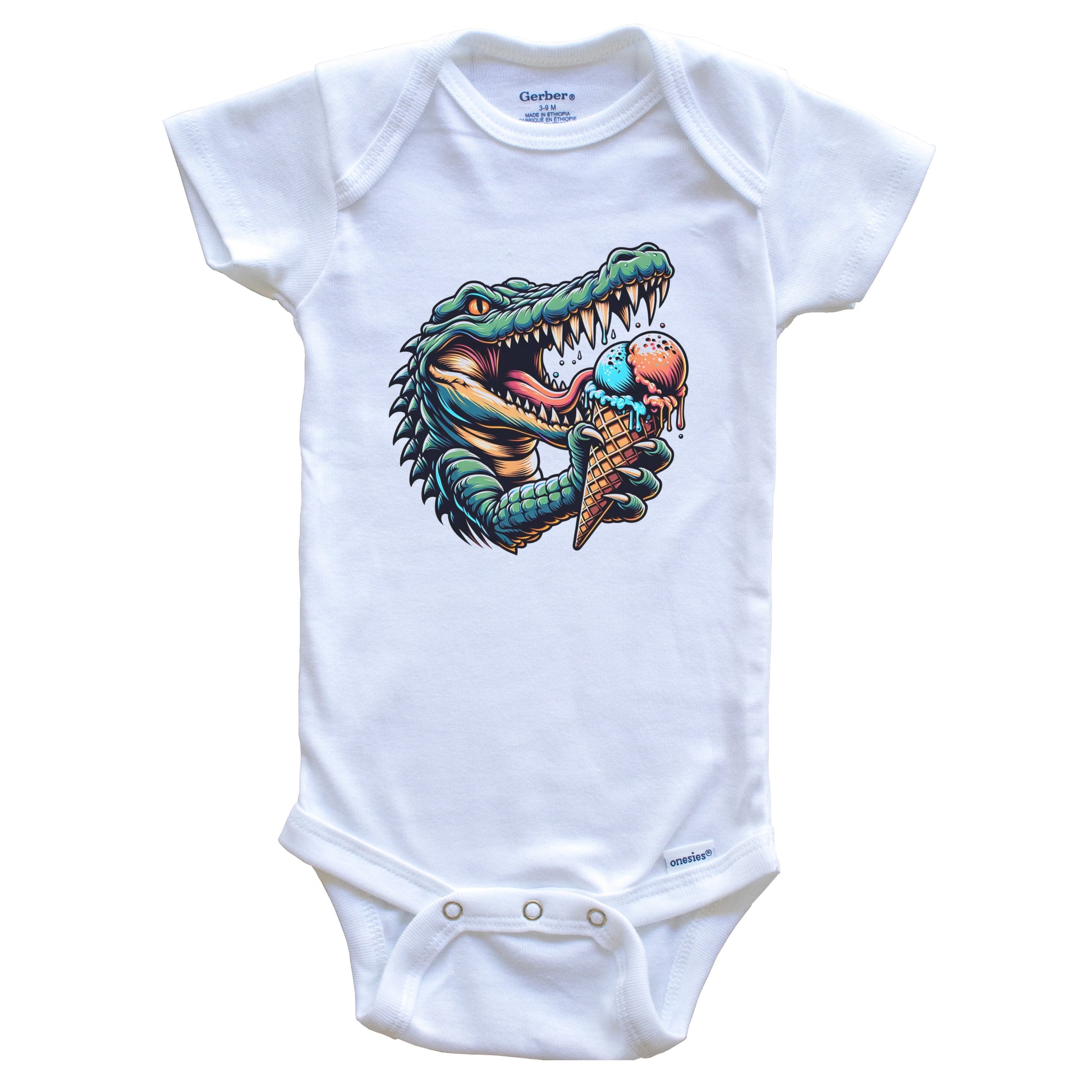 Alligator Eating Ice Cream Funny Cartoon Summer Baby Bodysuit