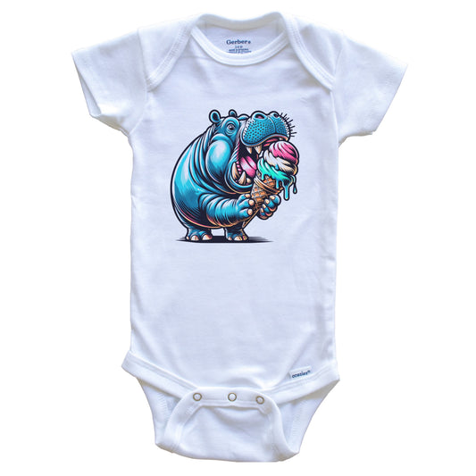 Hippopotamus Eating Ice Cream Funny Cartoon Summer Hippo Baby Bodysuit