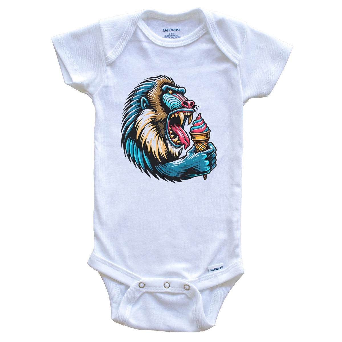 Mandrill Eating Ice Cream Funny Cartoon Summer Baboon Baby Bodysuit
