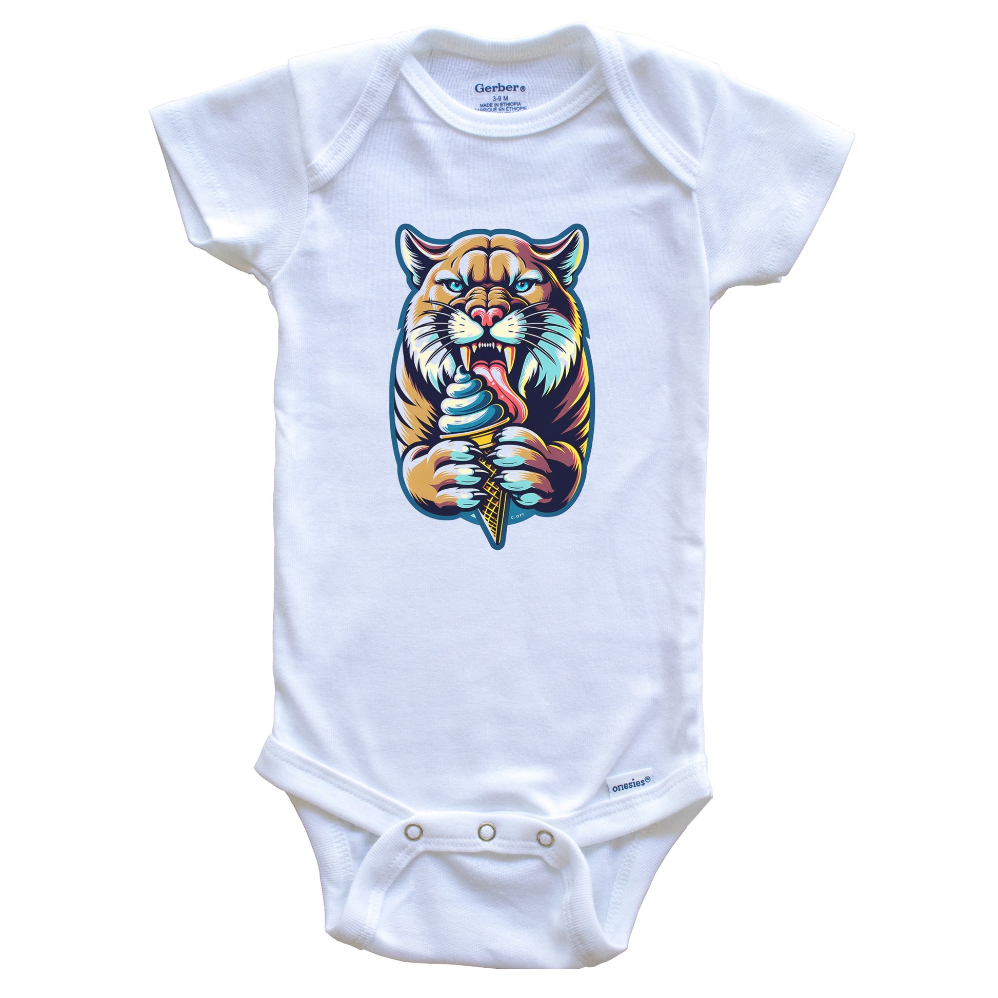Mountain Lion Eating Ice Cream Funny Cartoon Summer Cougar Baby Bodysuit