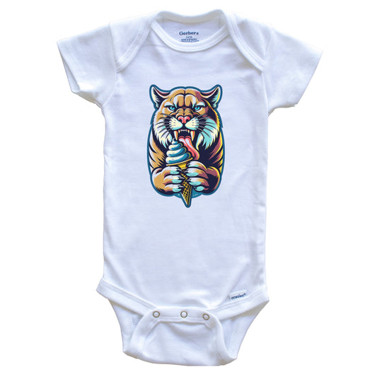Mountain Lion Eating Ice Cream Funny Cartoon Summer Cougar Baby Bodysuit