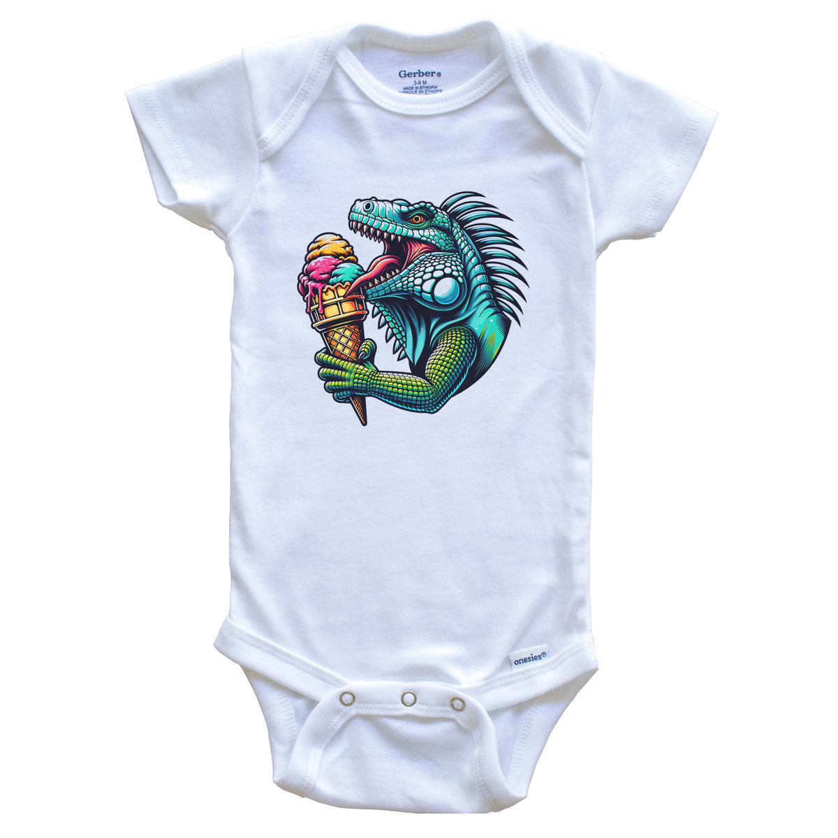 Iguana Eating Ice Cream Funny Cartoon Summer Lizard Baby Bodysuit