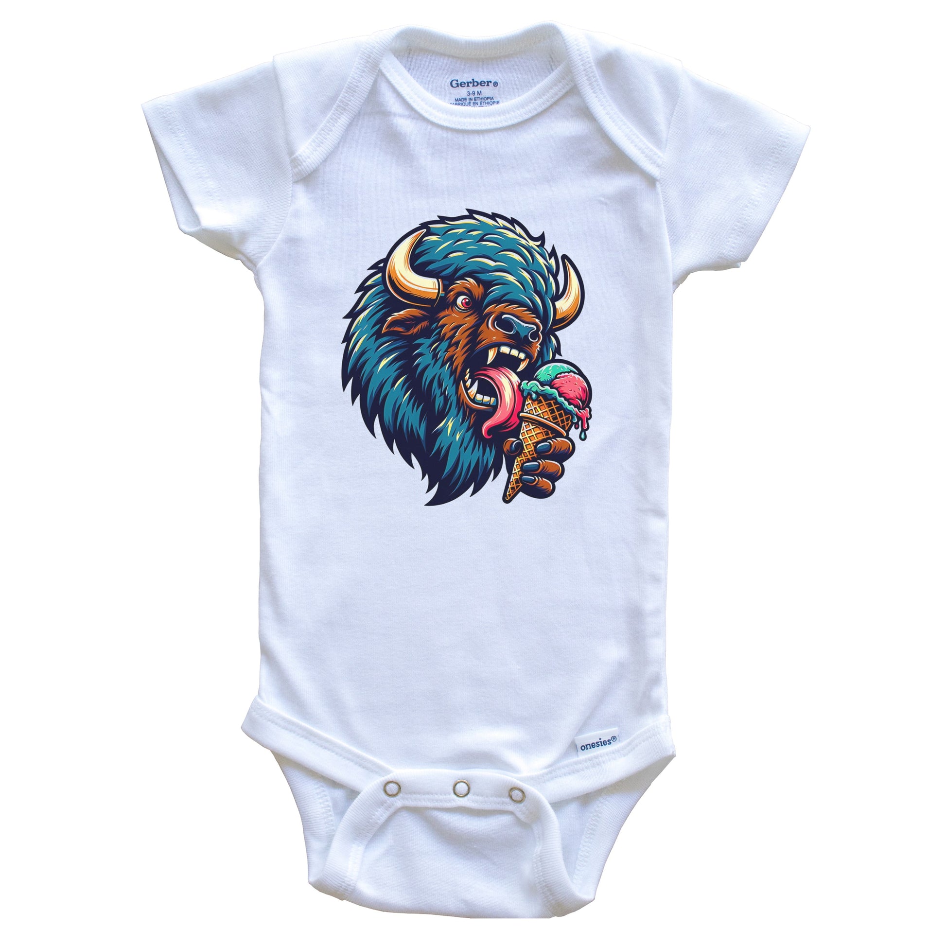 Bison Eating Ice Cream Funny Cartoon Summer Buffalo Baby Bodysuit