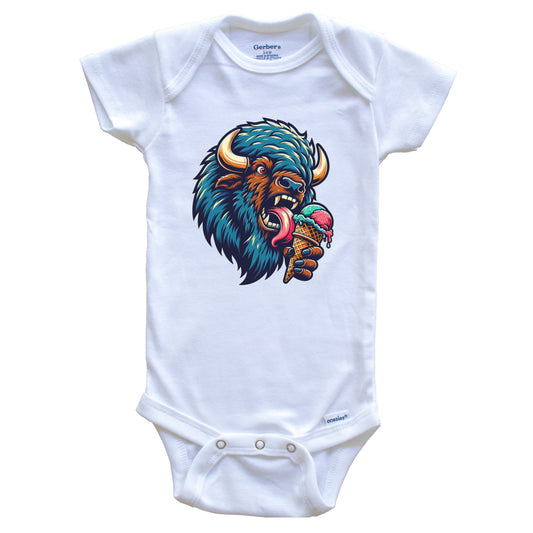 Bison Eating Ice Cream Funny Cartoon Summer Buffalo Baby Bodysuit