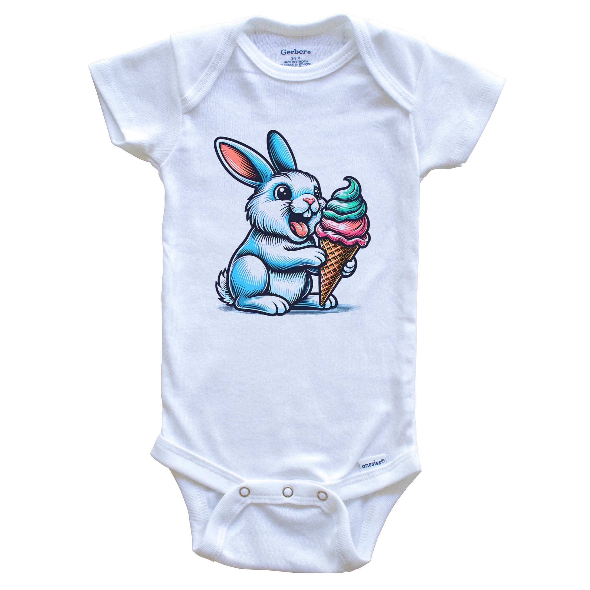 Rabbit Eating Ice Cream Funny Cartoon Summer Bunny Baby Bodysuit