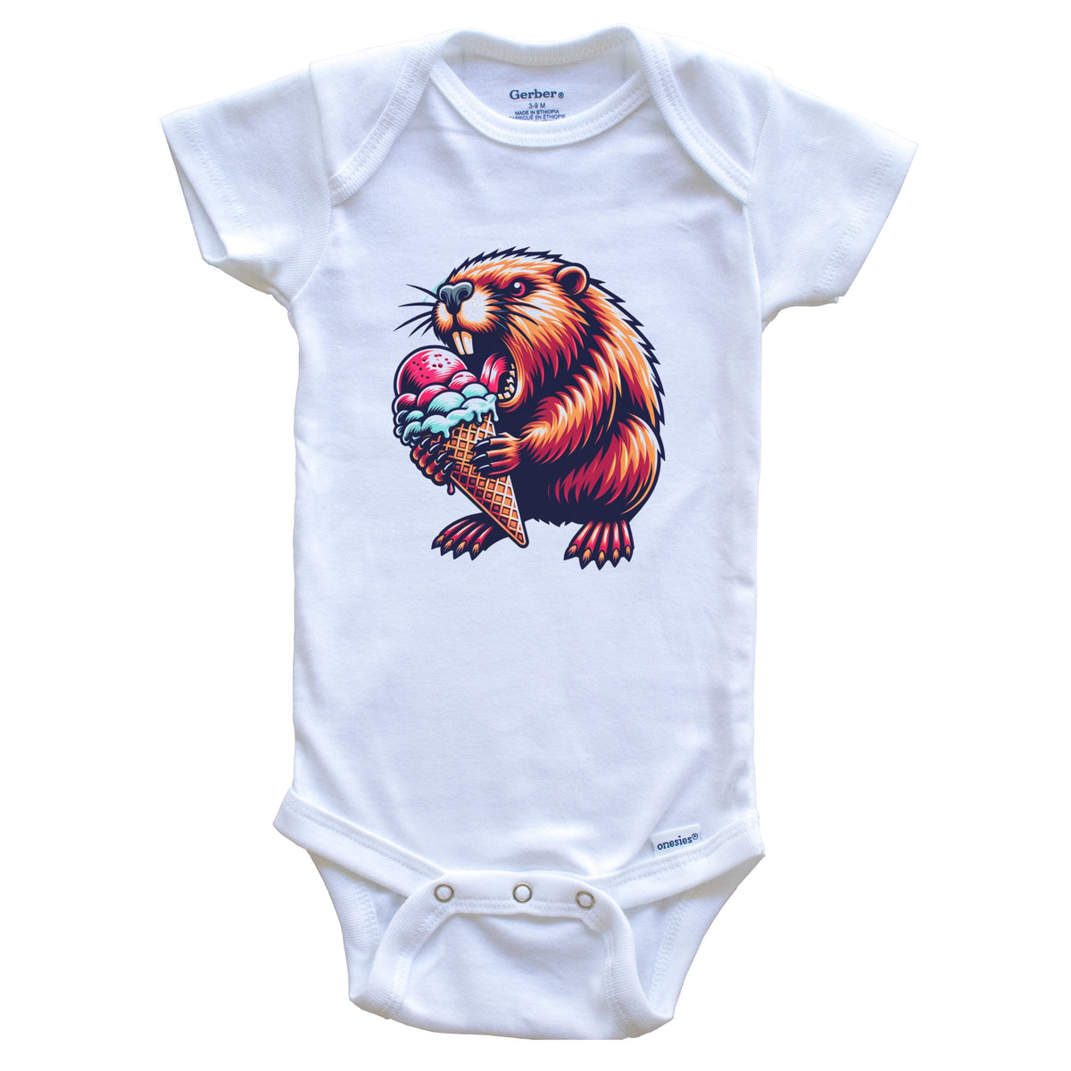 Beaver Eating Ice Cream Funny Cartoon Summer Baby Bodysuit