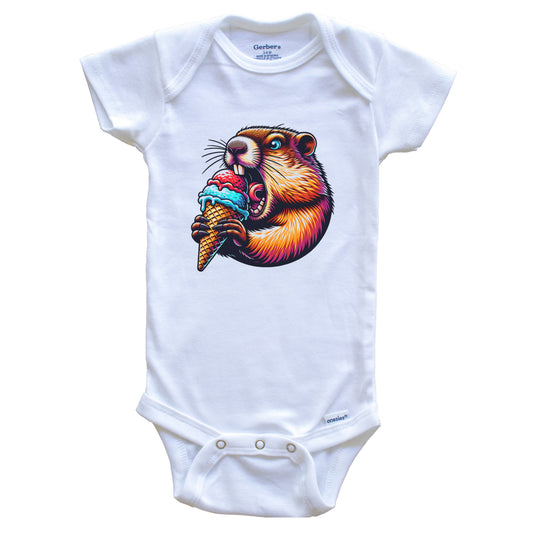 Groundhog Eating Ice Cream Funny Cartoon Summer Baby Bodysuit
