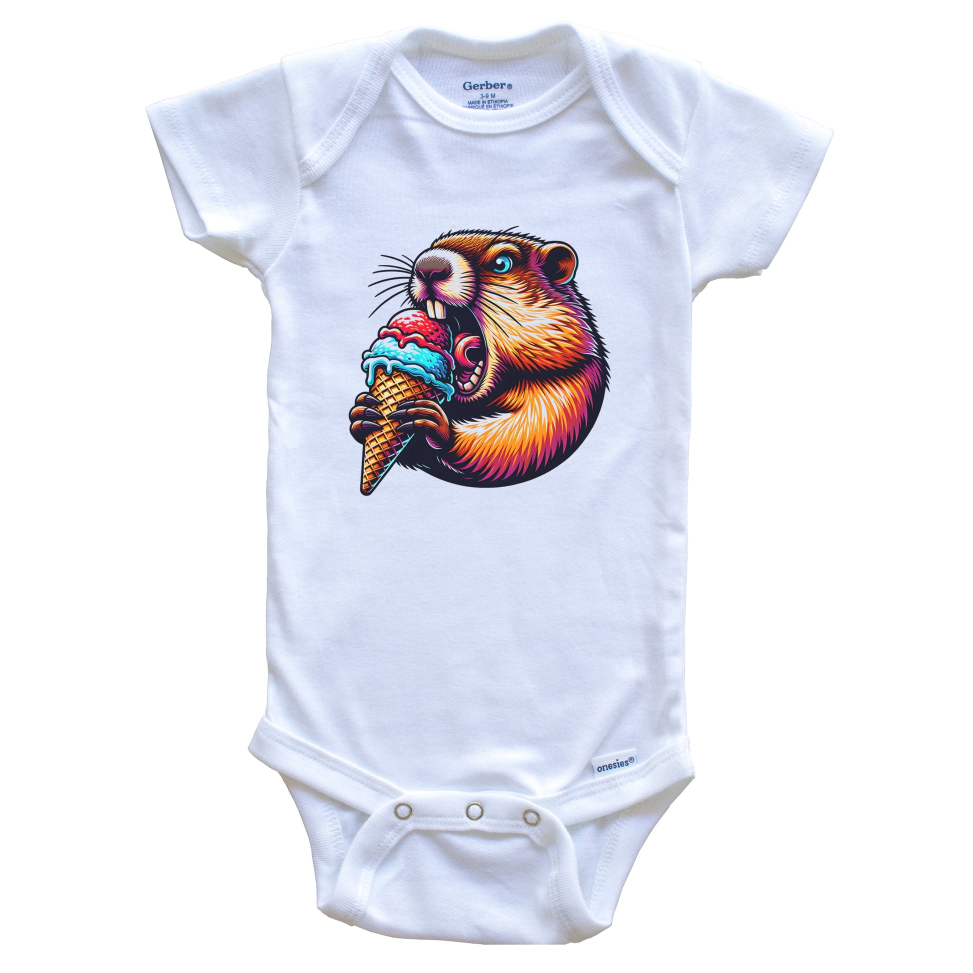 Groundhog Eating Ice Cream Funny Cartoon Summer Baby Bodysuit