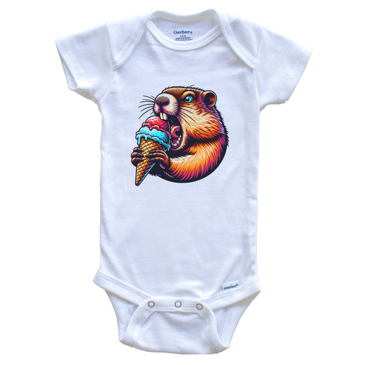 Groundhog Eating Ice Cream Funny Cartoon Summer Baby Bodysuit