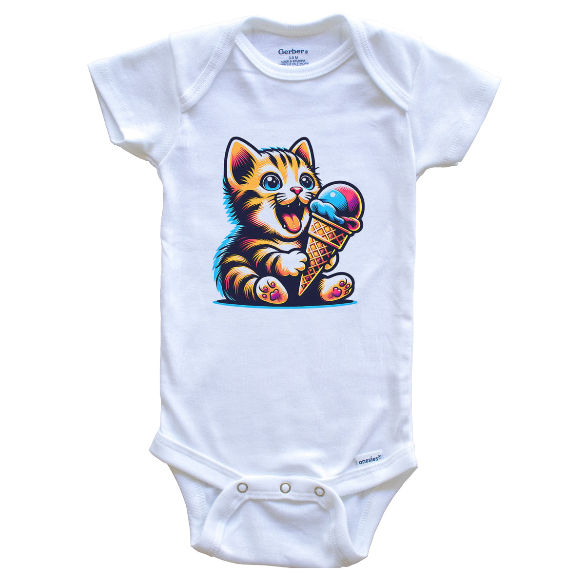Kitten Eating Ice Cream Funny Cartoon Summer Cat Baby Bodysuit