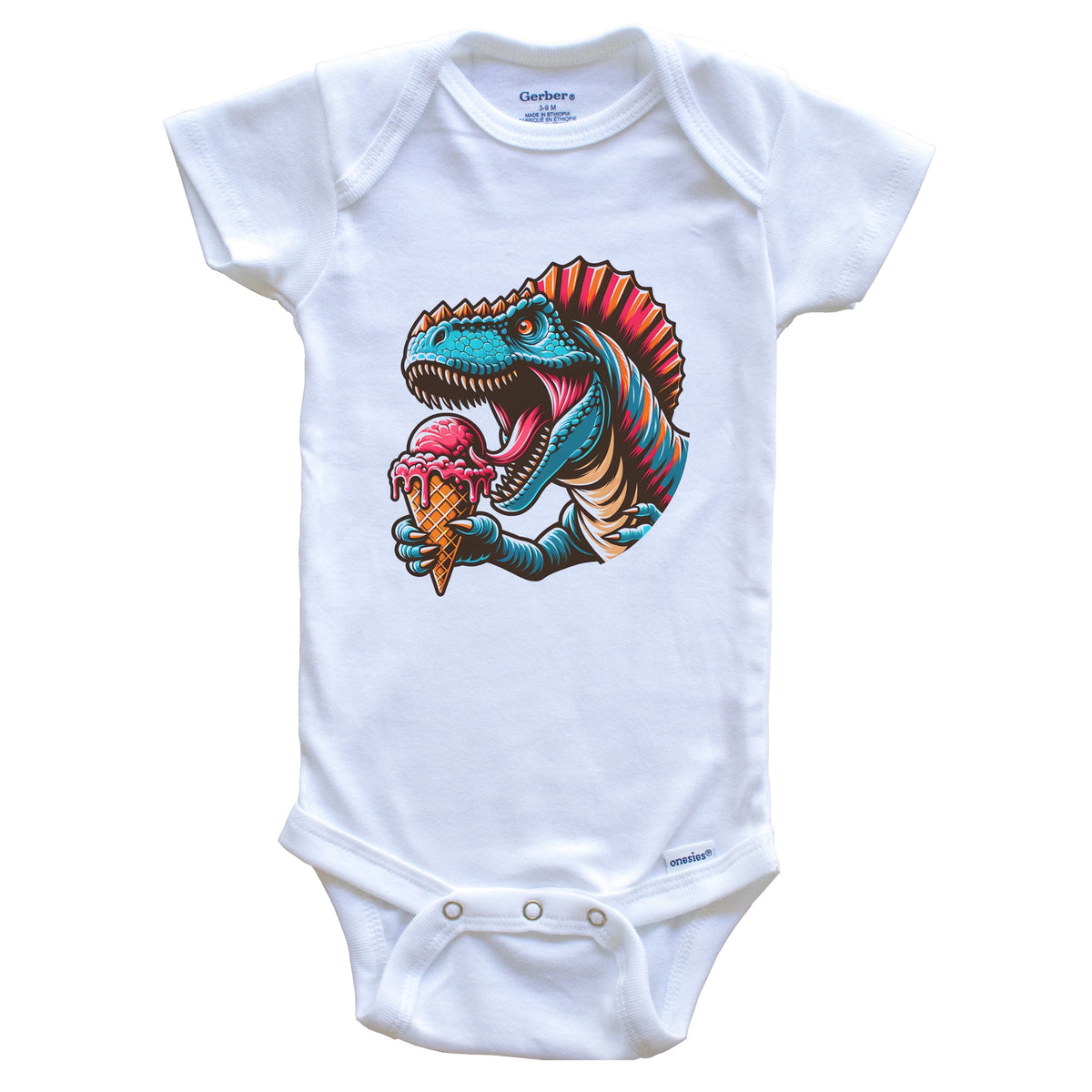 Spinosaurus Eating Ice Cream Funny Cartoon Summer Dinosaur Baby Bodysuit