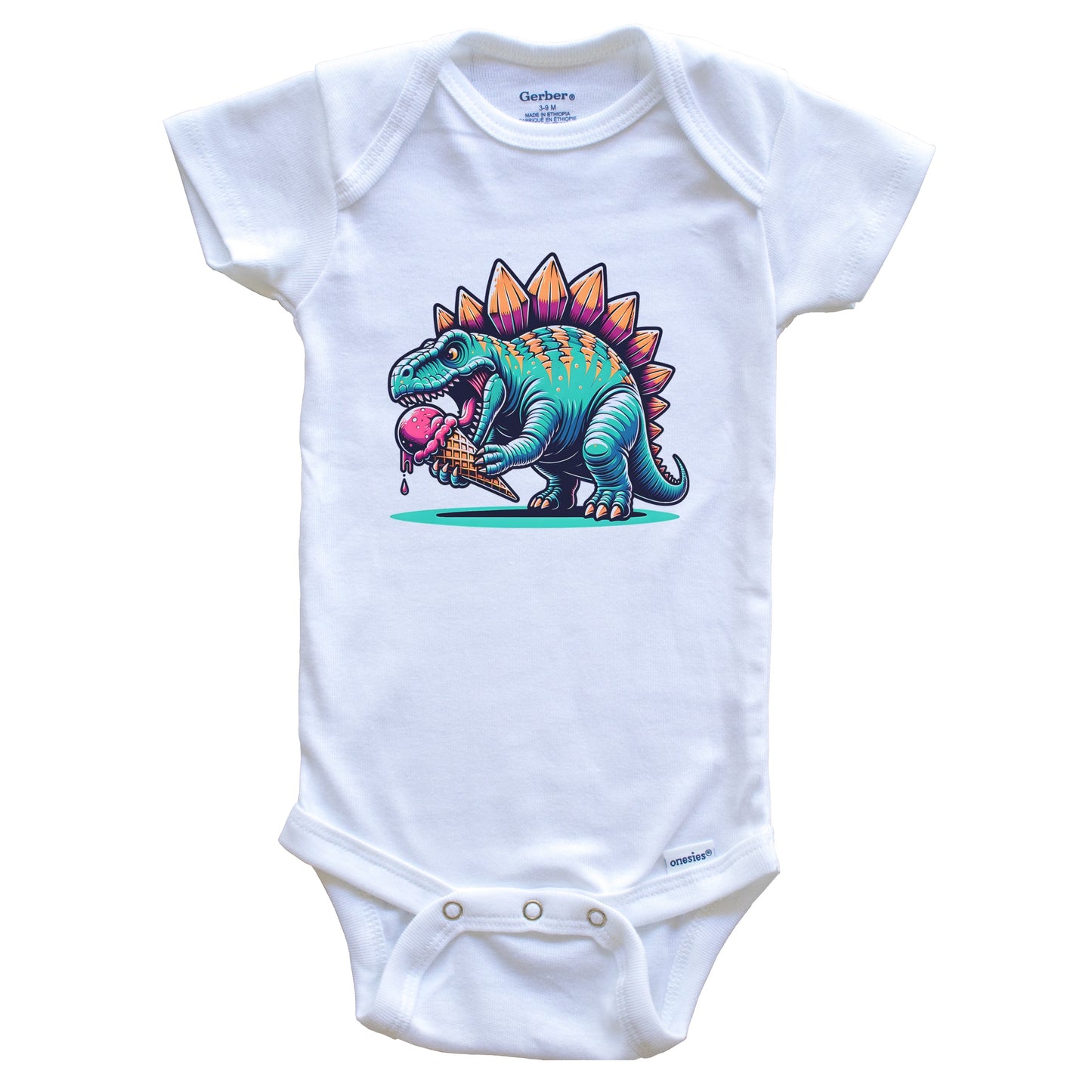 Stegosaurus Eating Ice Cream Funny Cartoon Summer Dinosaur Baby Bodysuit