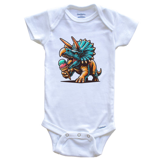 Triceratops Eating Ice Cream Funny Cartoon Summer Dinosaur Baby Bodysuit