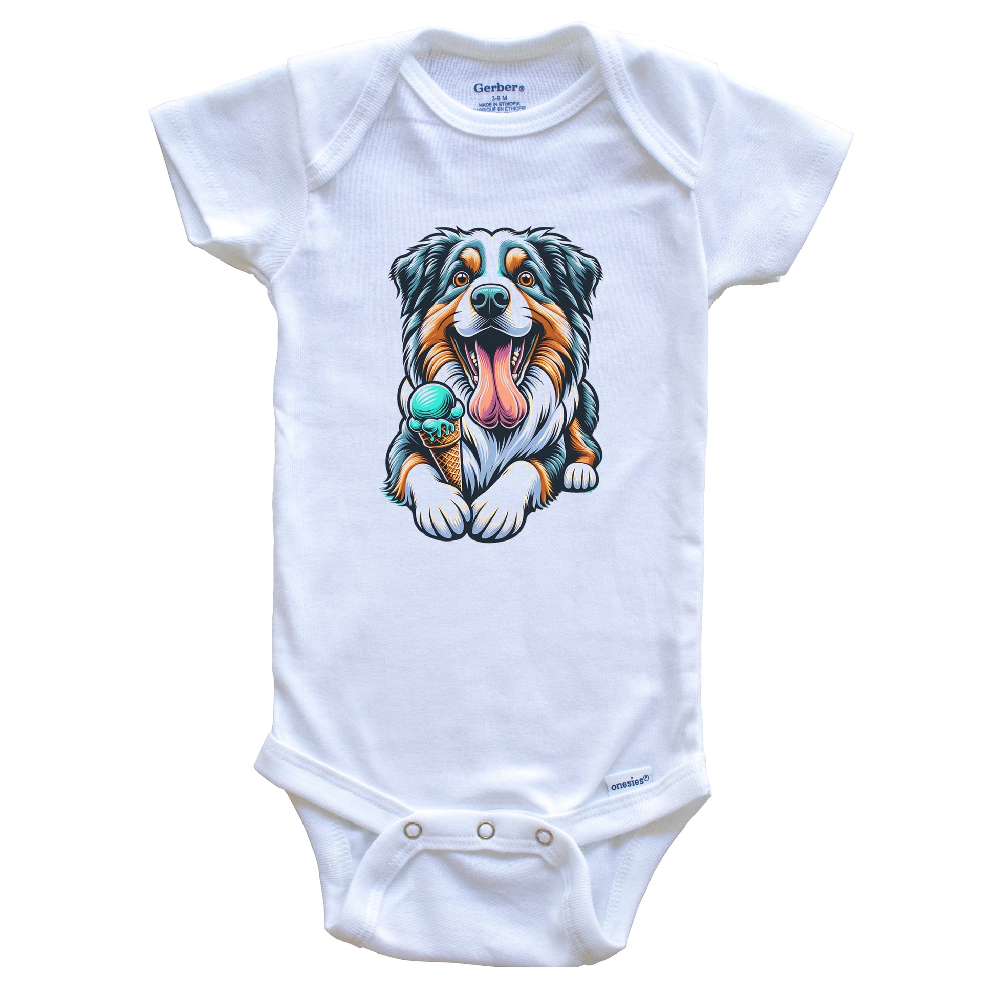 Australian Shepherd Eating Ice Cream Cone Cute Dog Baby Bodysuit