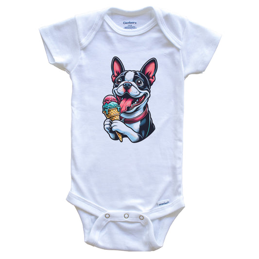 Boston Terrier Eating Ice Cream Cone Cute Dog Baby Bodysuit