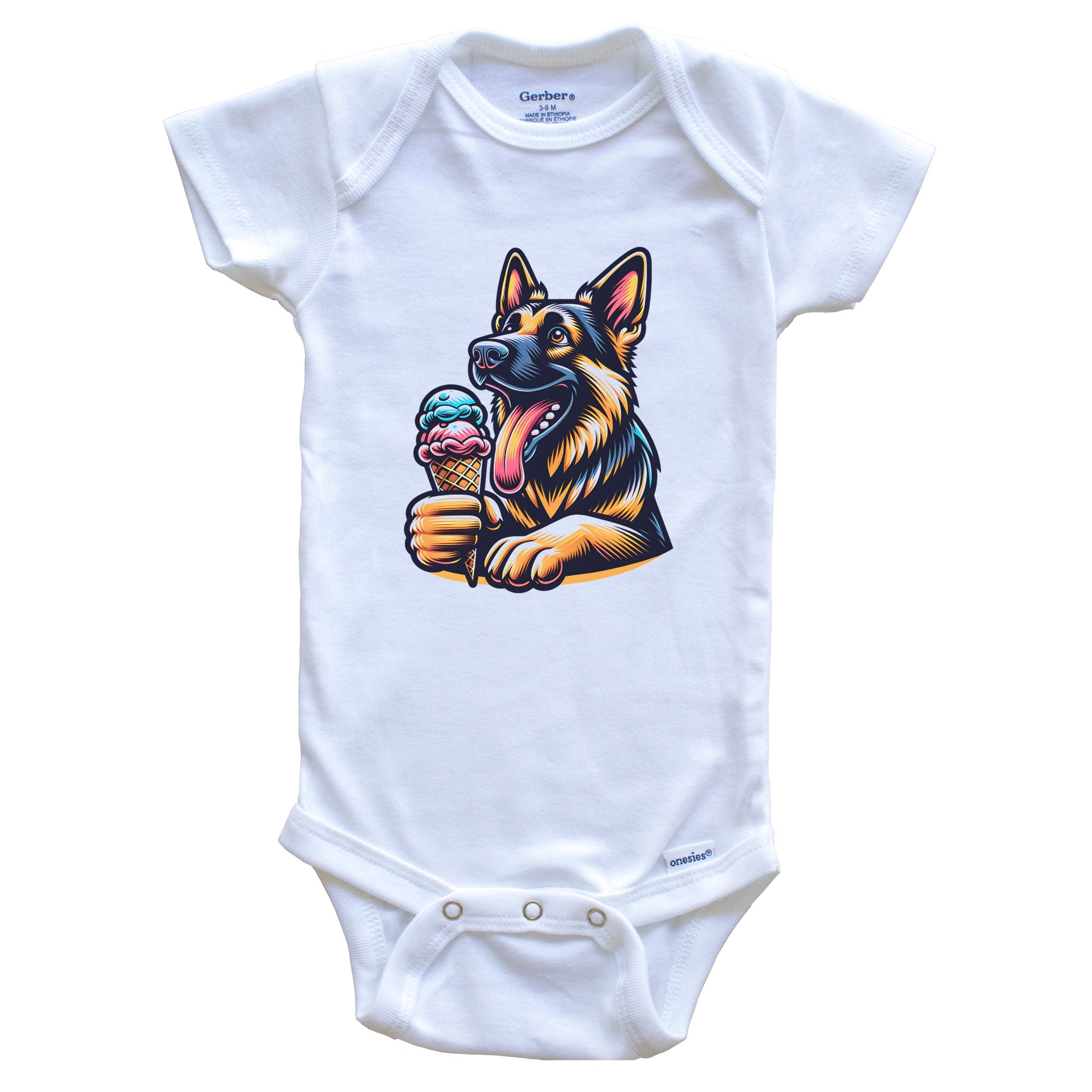 German Shepherd Eating Ice Cream Cone Cute Dog Baby Bodysuit